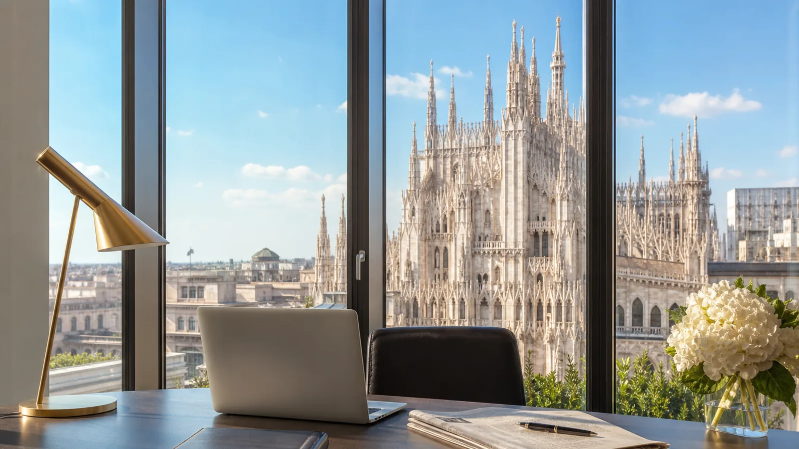 Professional writing Italian business email on laptop in office setting