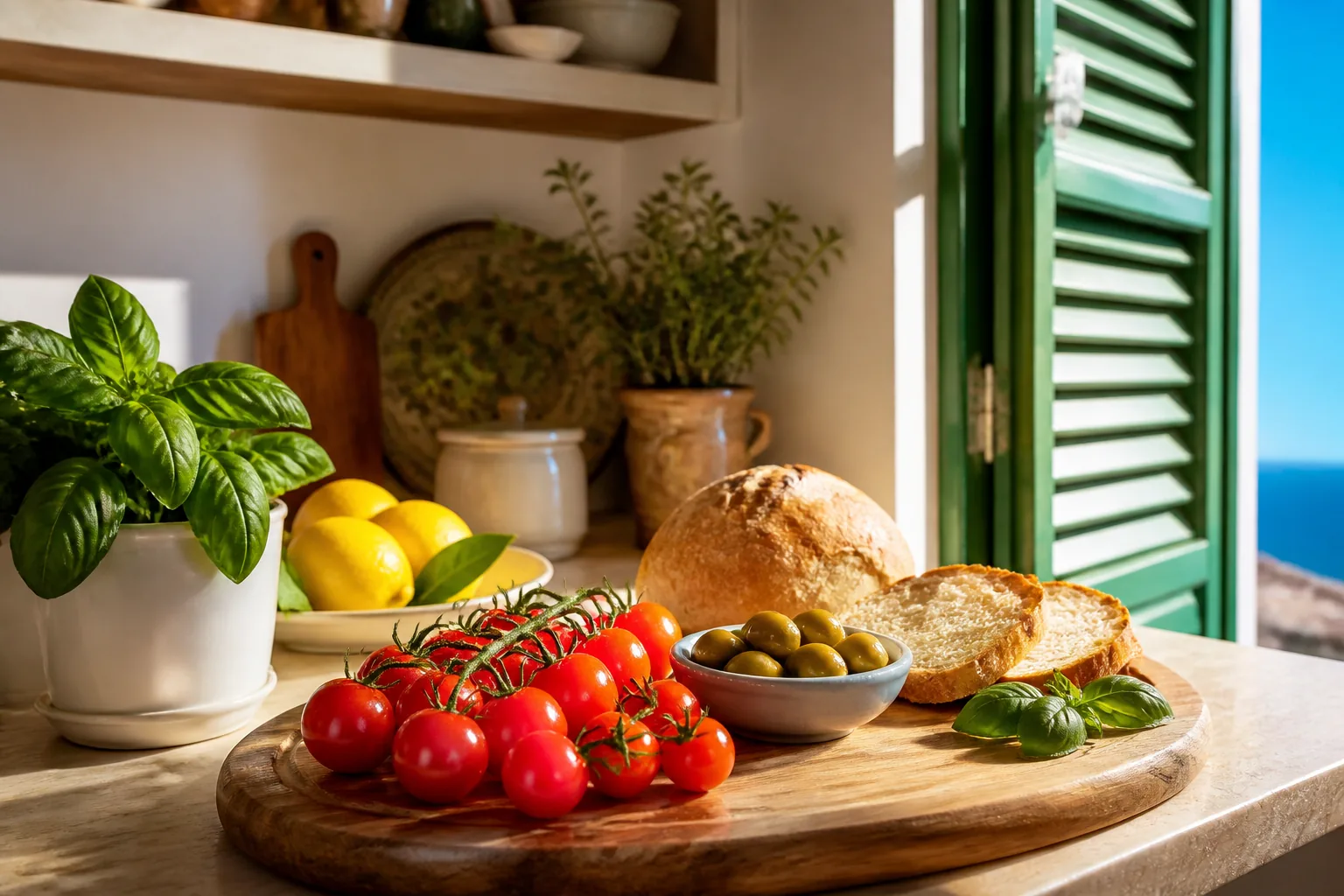 Bread, olives and tomatoes on a sunlit Italian kitchen table