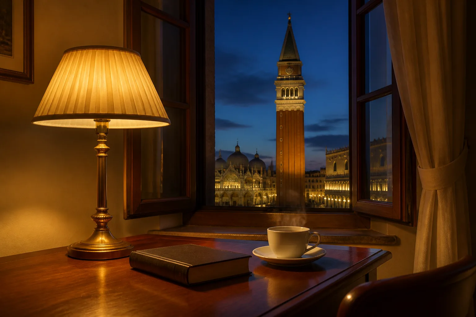 Evening lamp, book and cup by a window looking onto a floodlit Italian campanile