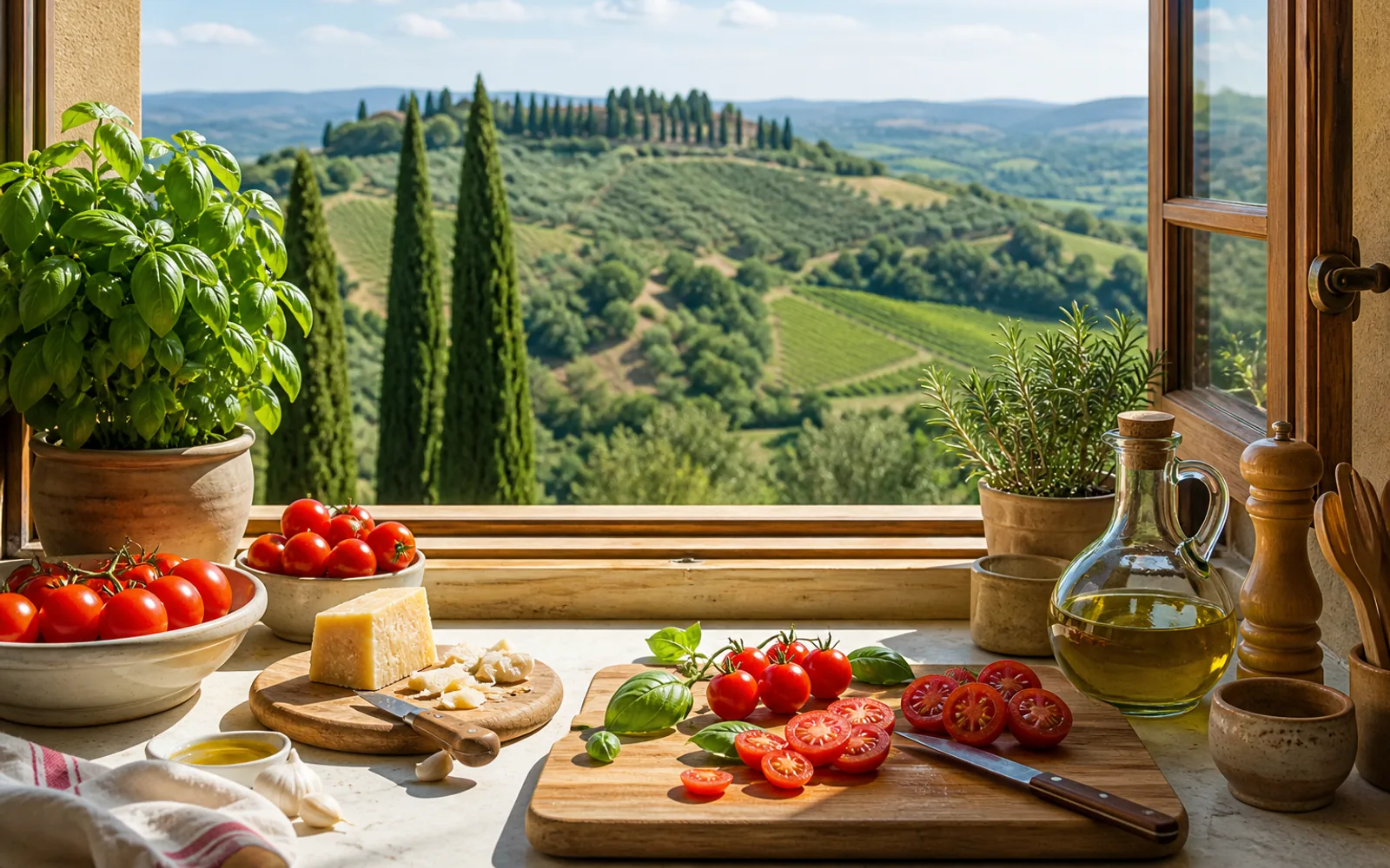 Cooking instructor giving recipe instructions in a Italian kitchen workshop