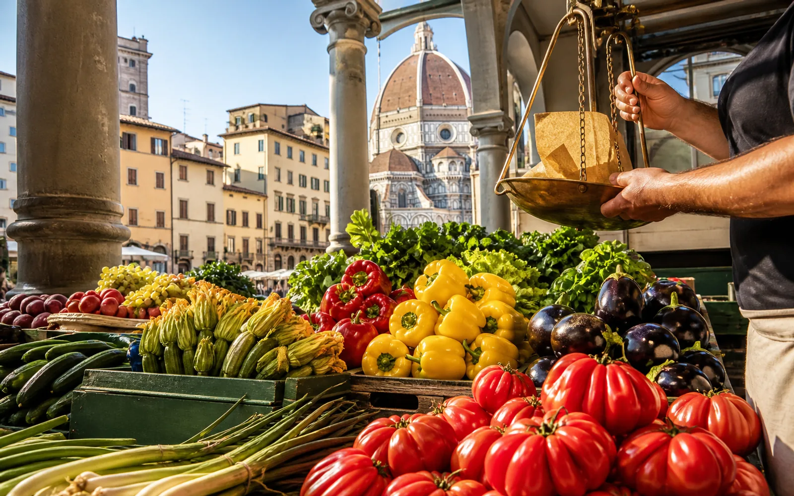 Traveler walking across Ponte Vecchio with Arno river views