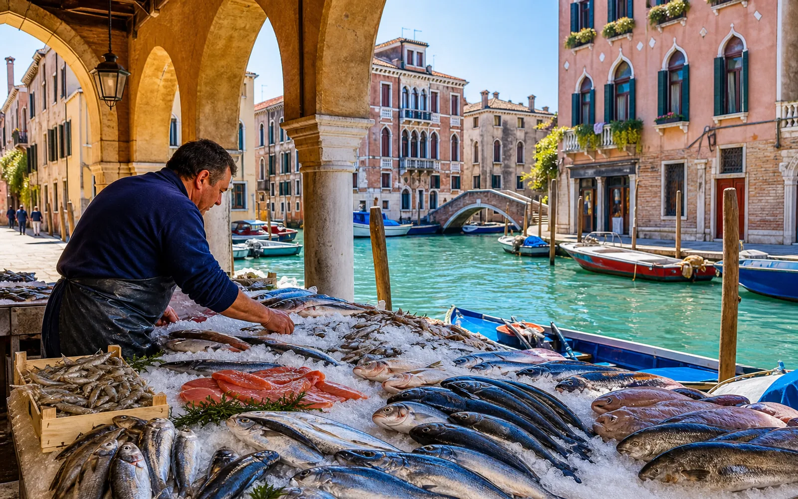 Colorful produce and seafood stalls at Rialto Market Venice