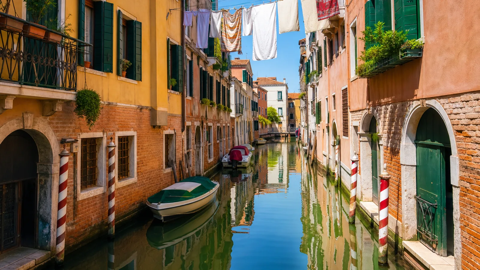 Traveler asking directions beside a canal with gondolas in Venice