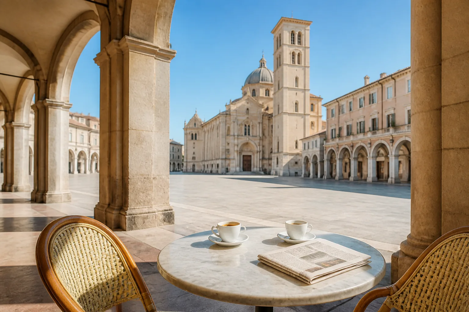 Two espresso cups on a marble cafe table in an Italian arcade at morning