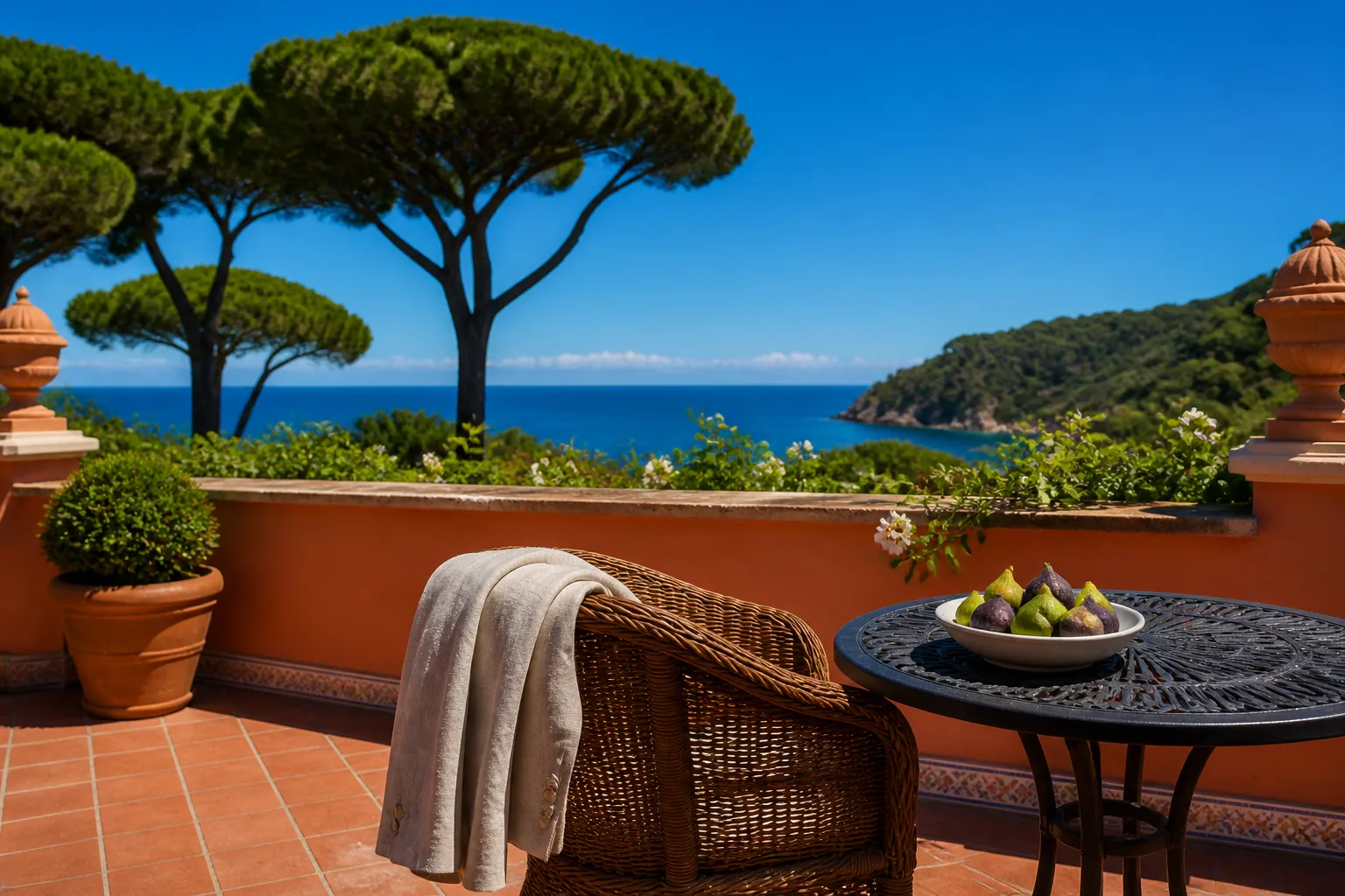 Linen jacket on a wicker chair on a sunlit Italian terrace with figs and umbrella pines