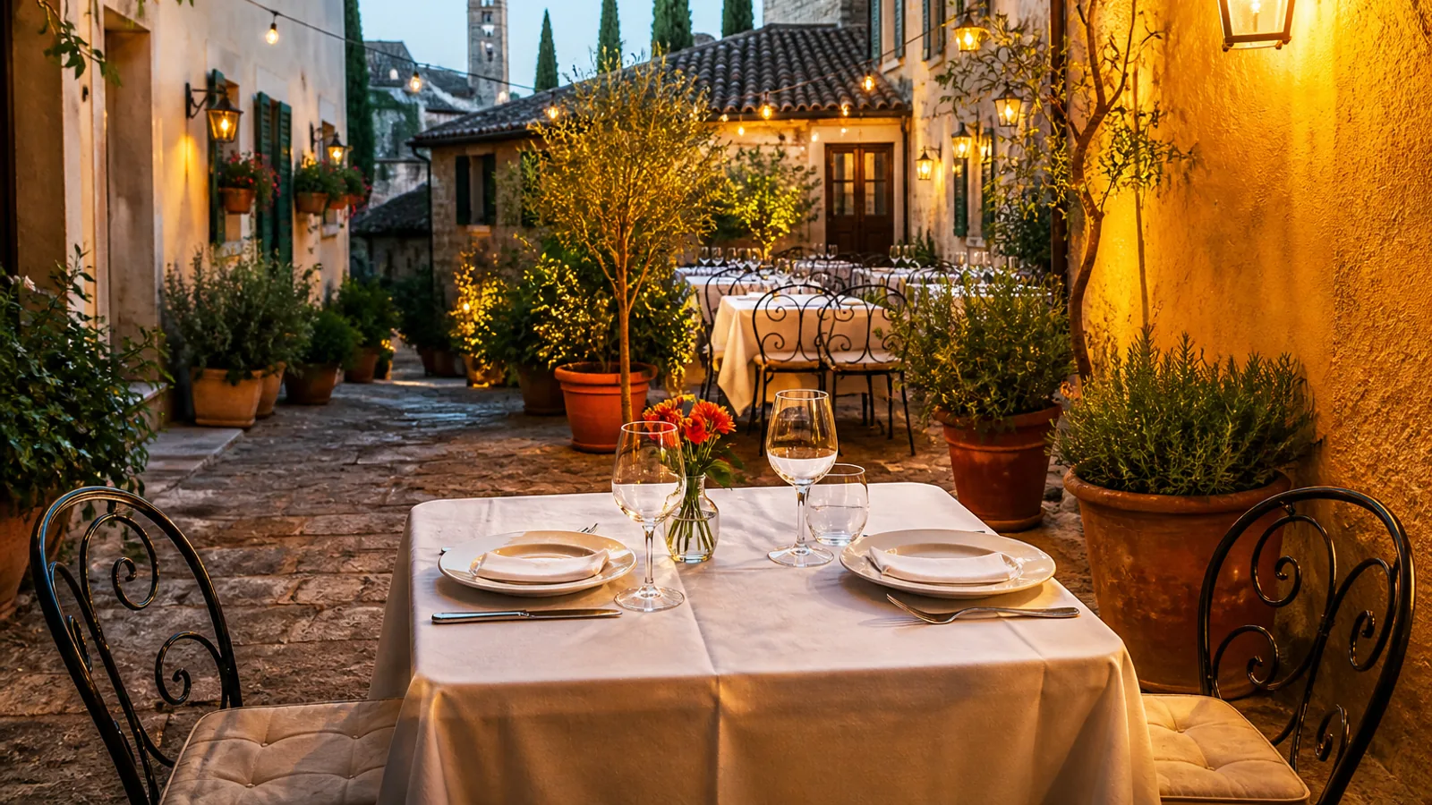 Tourist ordering food in Italian restaurant with menu and waiter