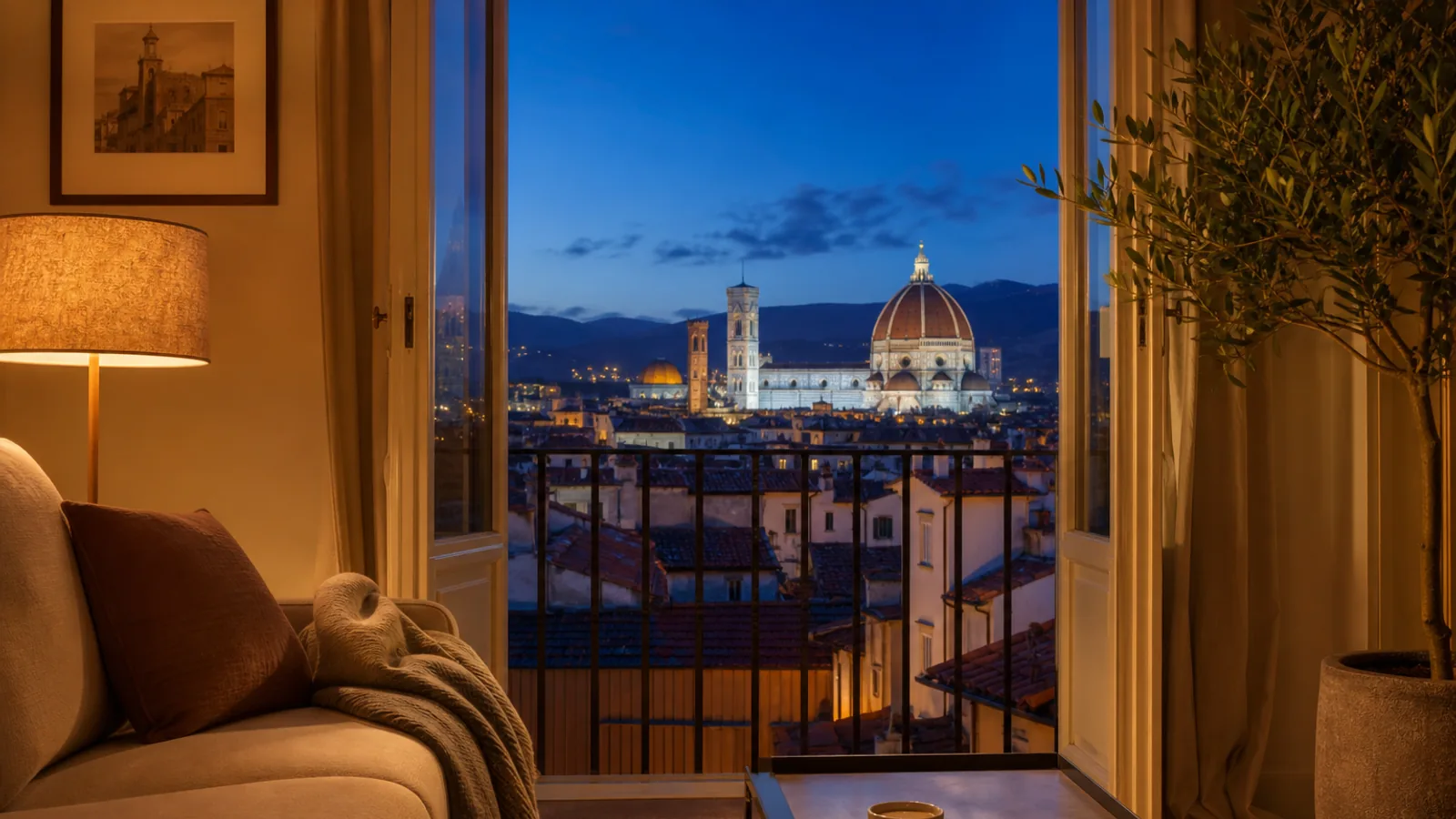 Person watching Italian TV show on a laptop in a cosy Italian apartment in the evening