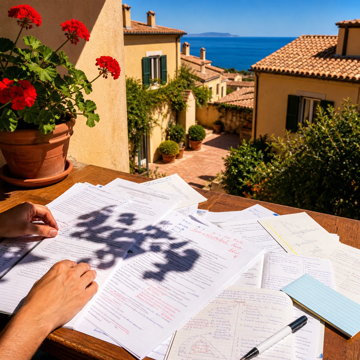 Illustration standing in for a teacher portrait: green headphones, a speech bubble, an Italian textbook and an open notebook on a desk beside a window looking onto cypress trees.