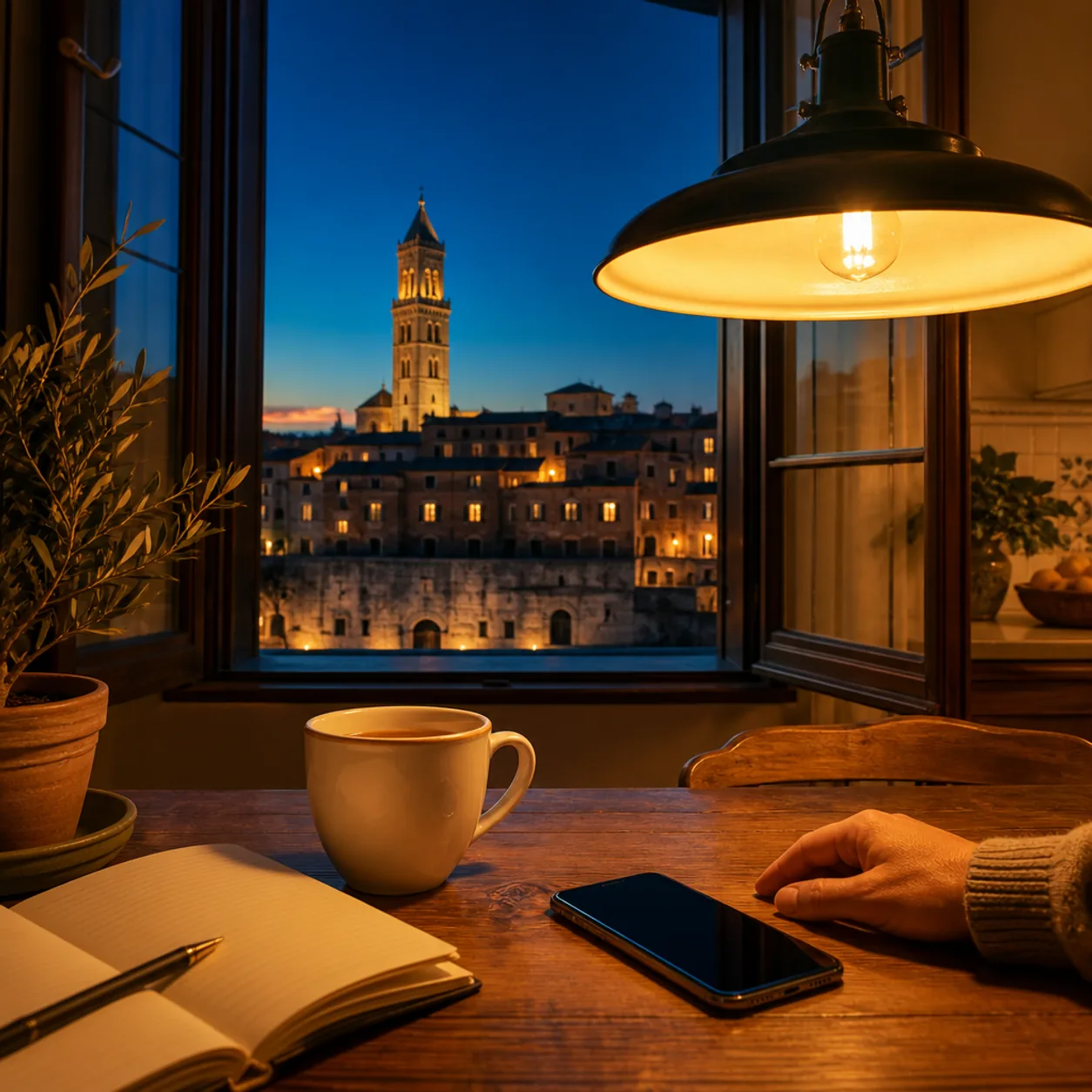 Illustration standing in for a teacher portrait: a desk calendar with one date ticked, a name card, a mug of coffee and an olive branch in a terracotta vase.