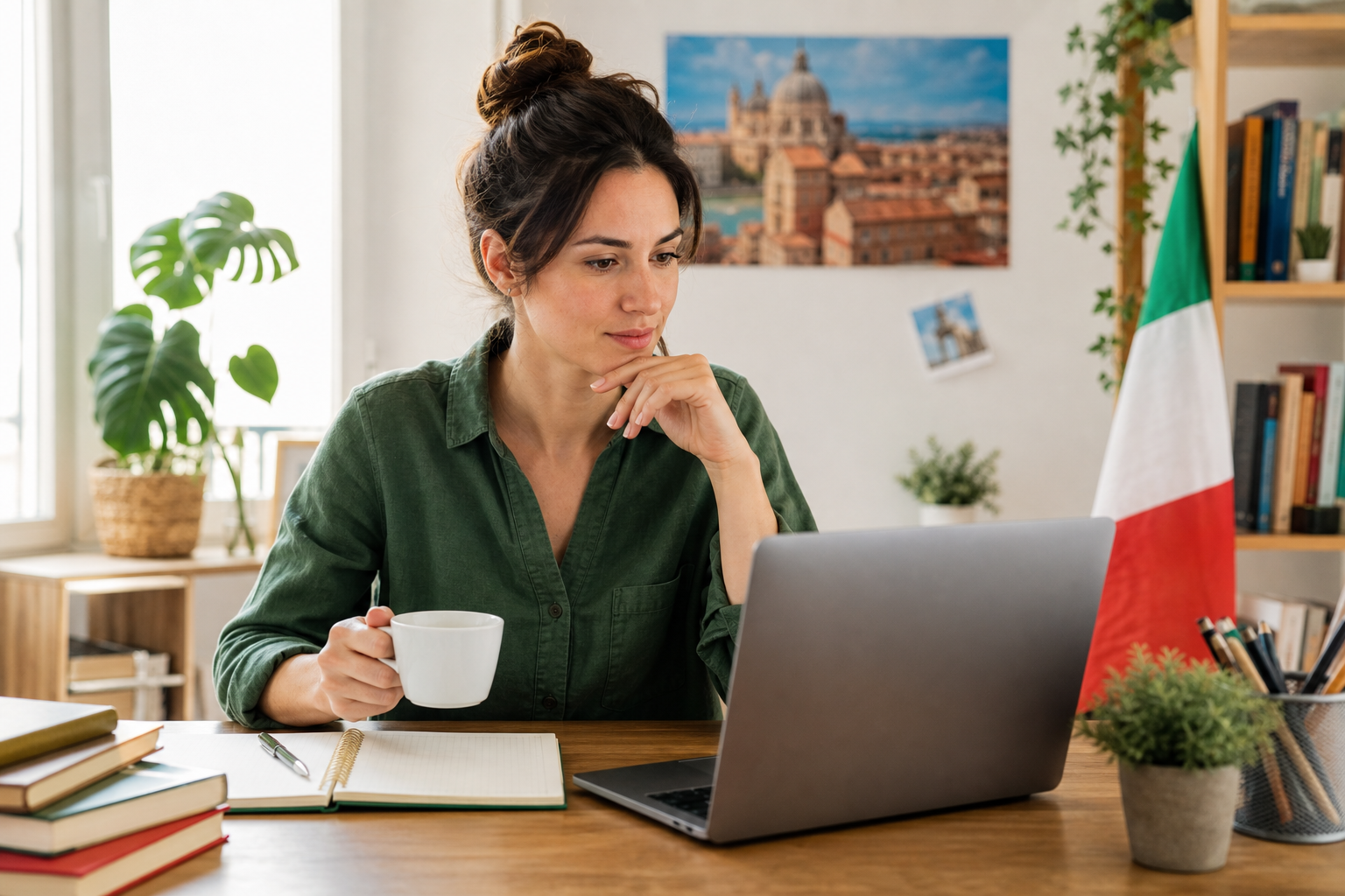 Learner comparing online Italian schools on a laptop checklist