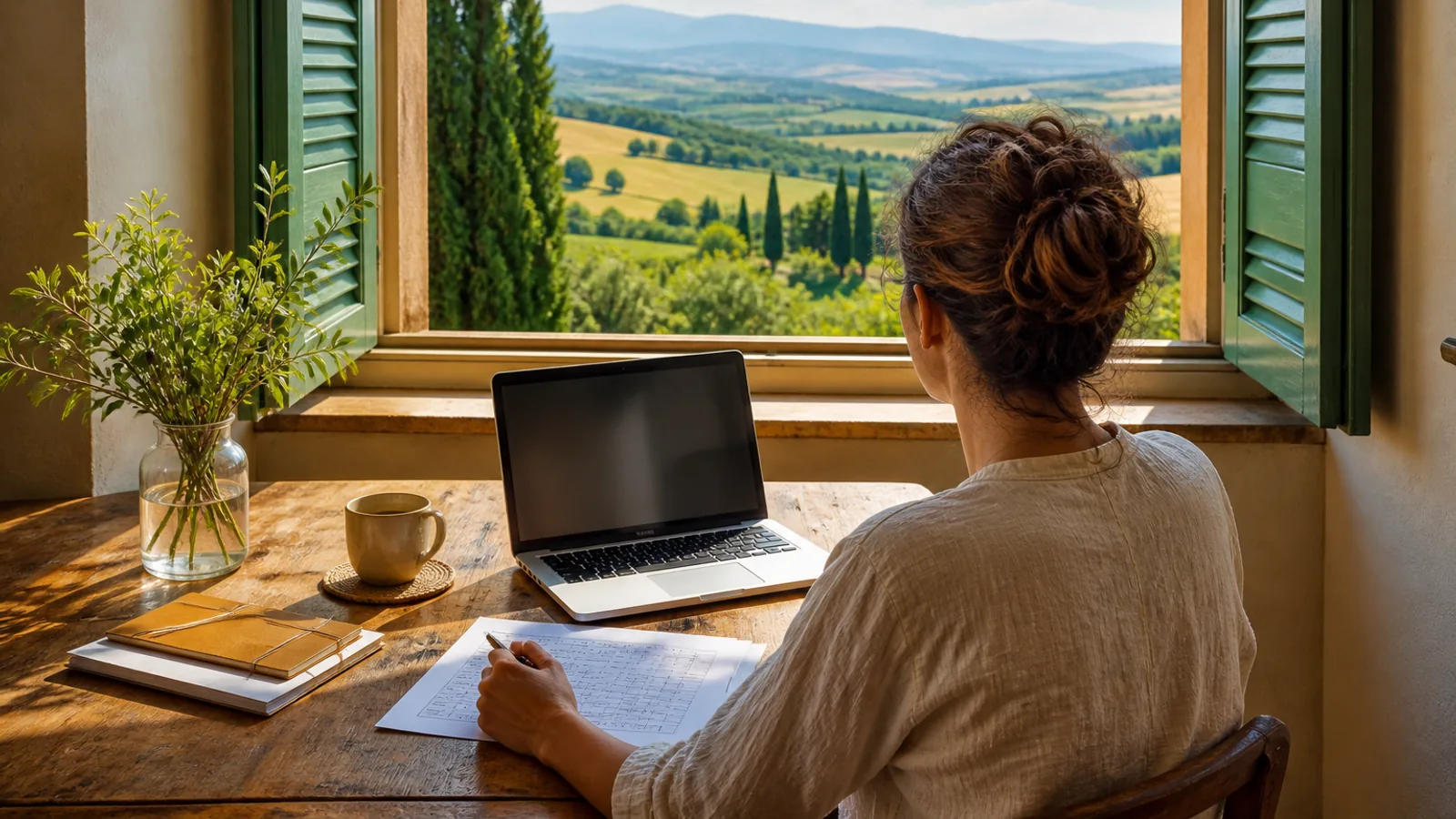Learner comparing online Italian schools on a laptop checklist