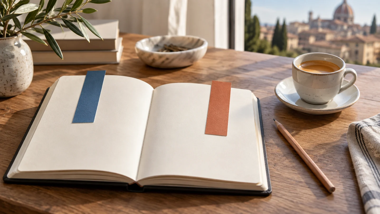 Open notebook with blue and terracotta bookmarks showing two contrasting Italian pronouns