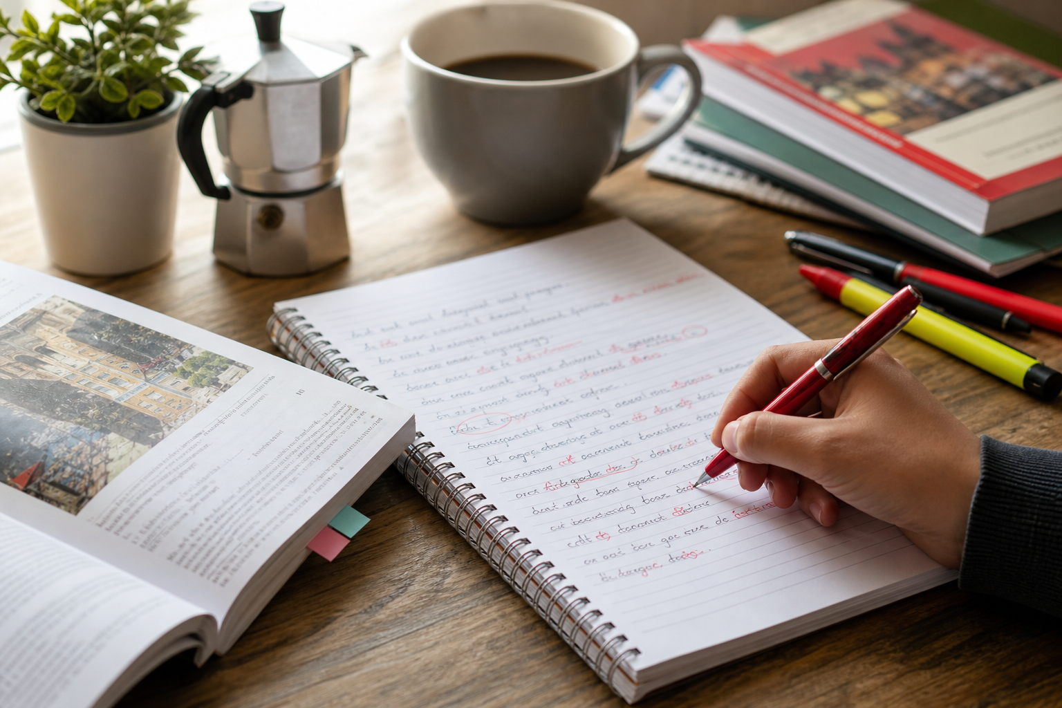 Notebook showing corrected Italian grammar exercises
