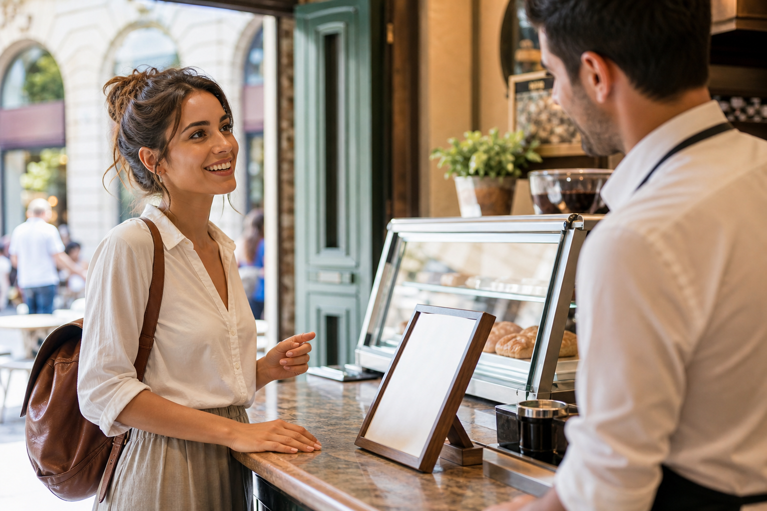 Traveler greeting barista in Italian