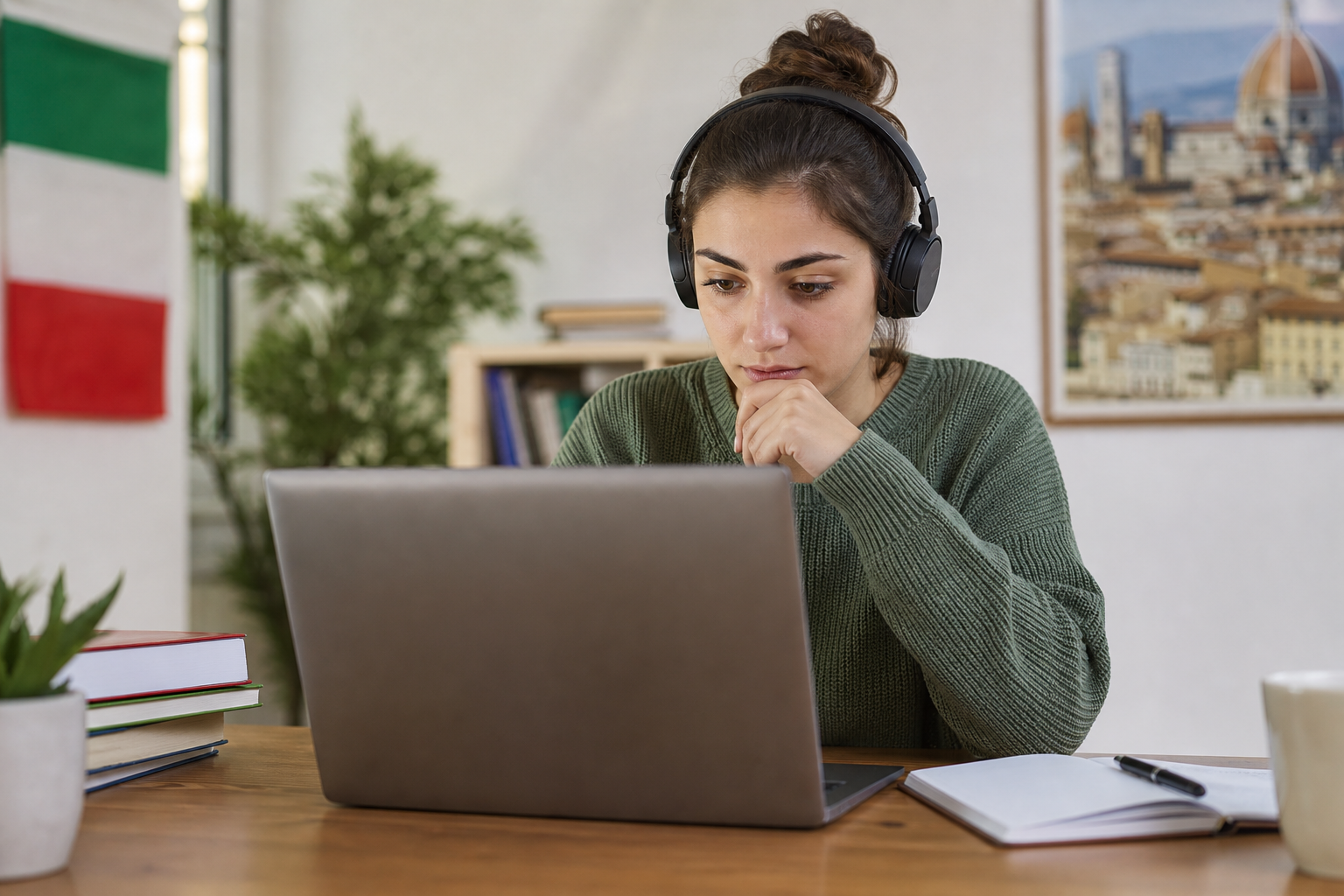 Student taking an online Italian level test on laptop