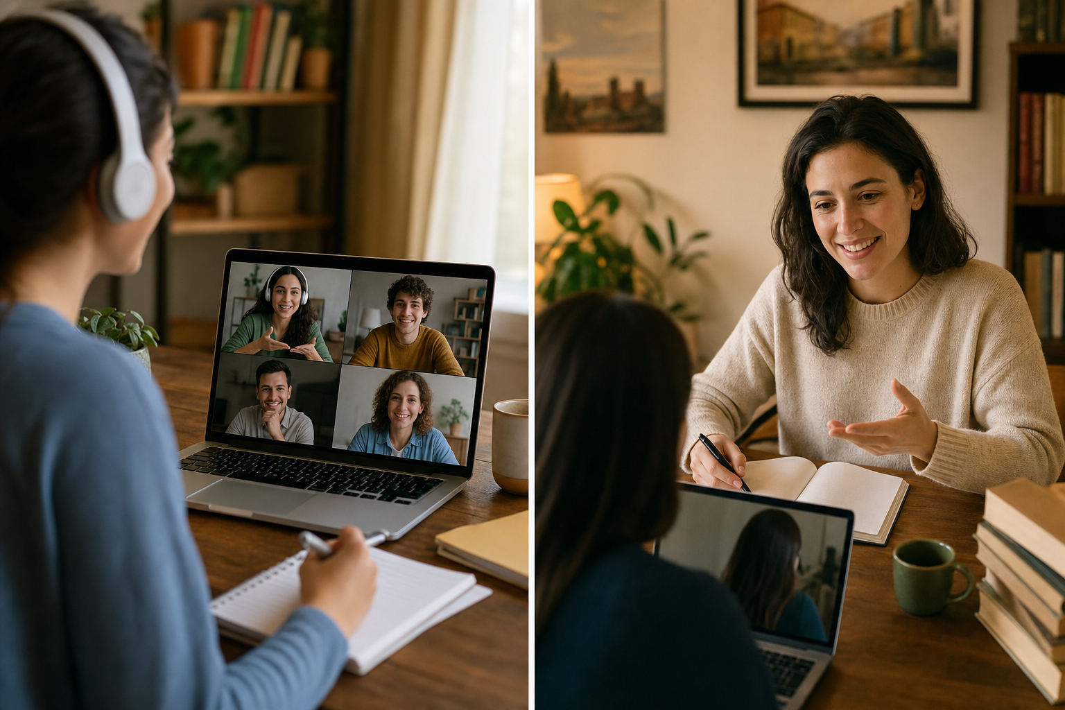 Split view of group class and one-to-one private Italian lesson online