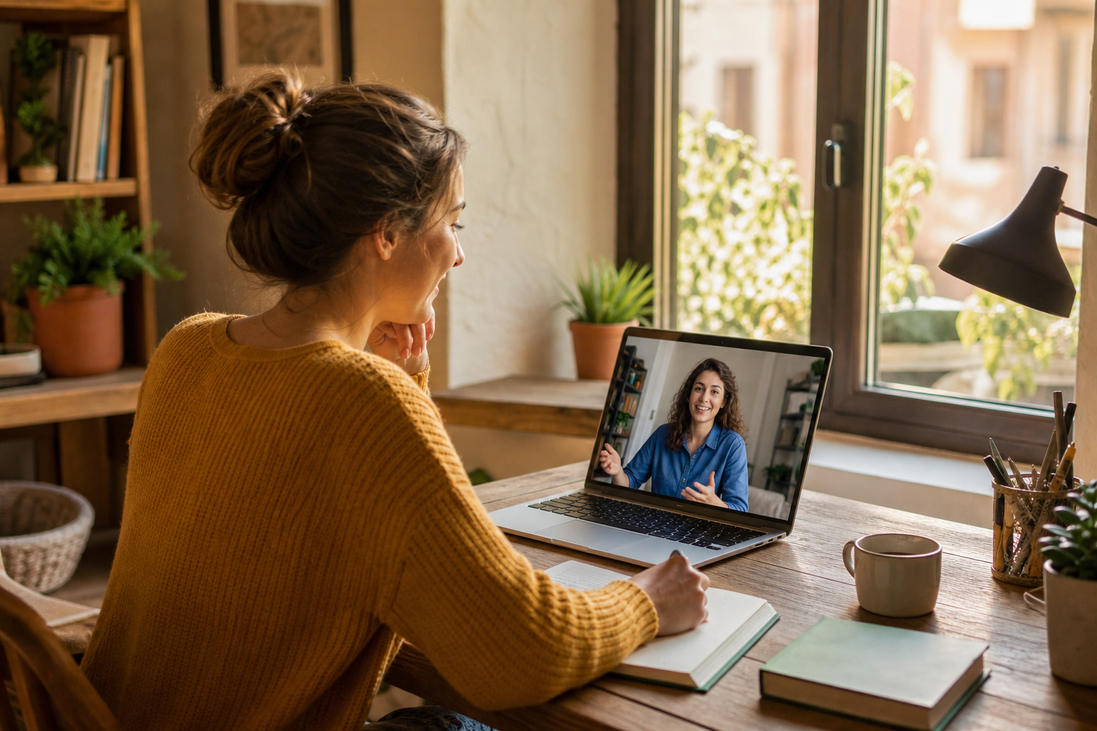 Student learning Italian online with a live teacher on video call
