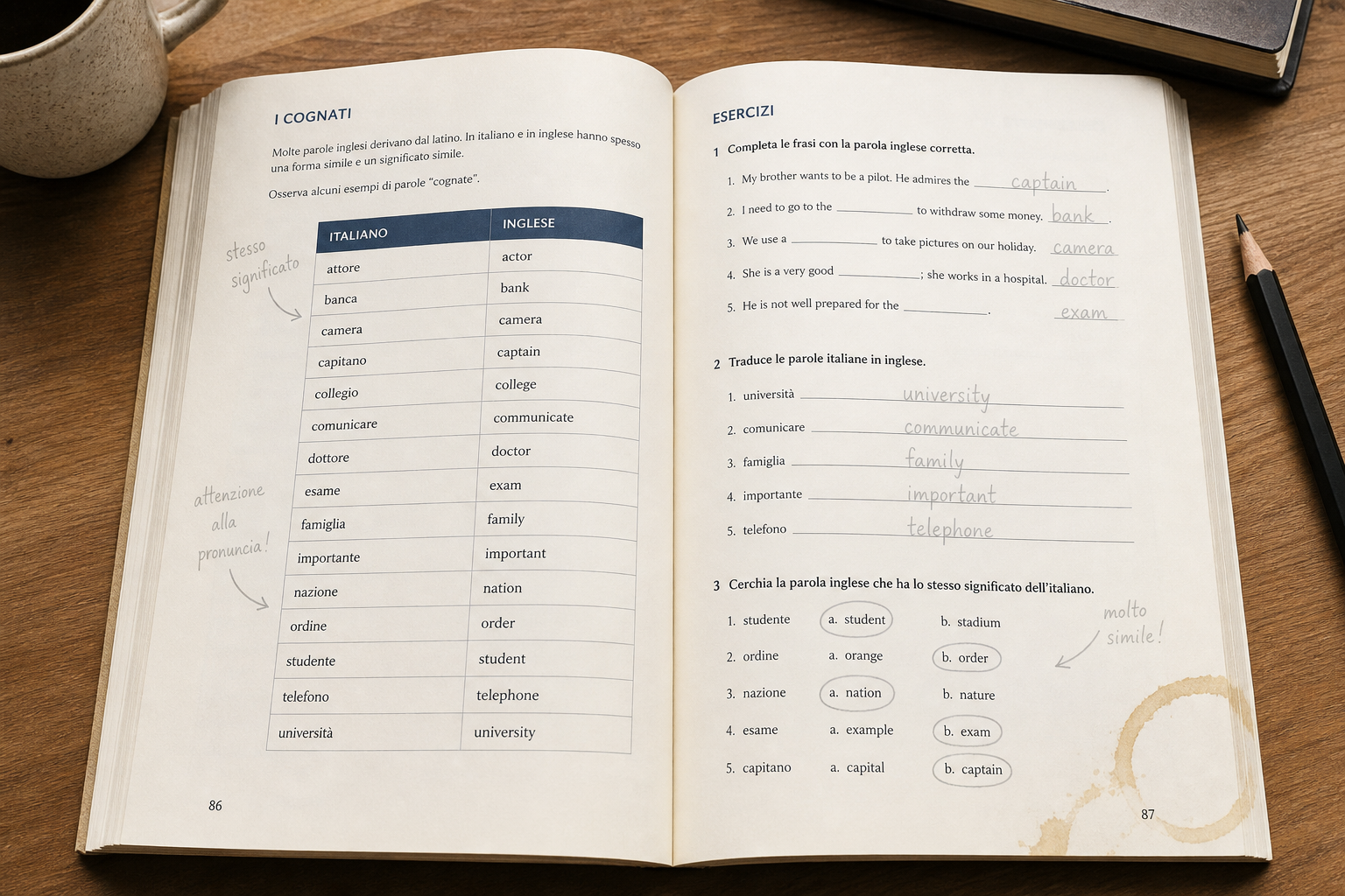Side-by-side word list showing Italian-English cognates like arte, musica, nazione