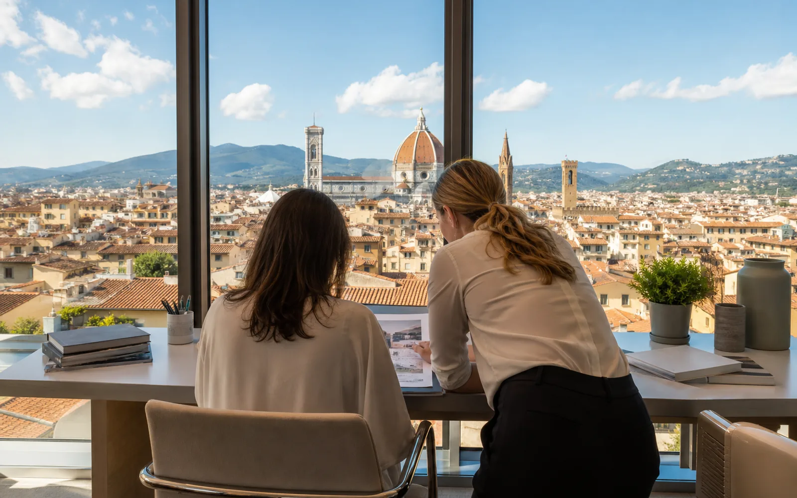 Professional writing Italian follow-up email on laptop with notes