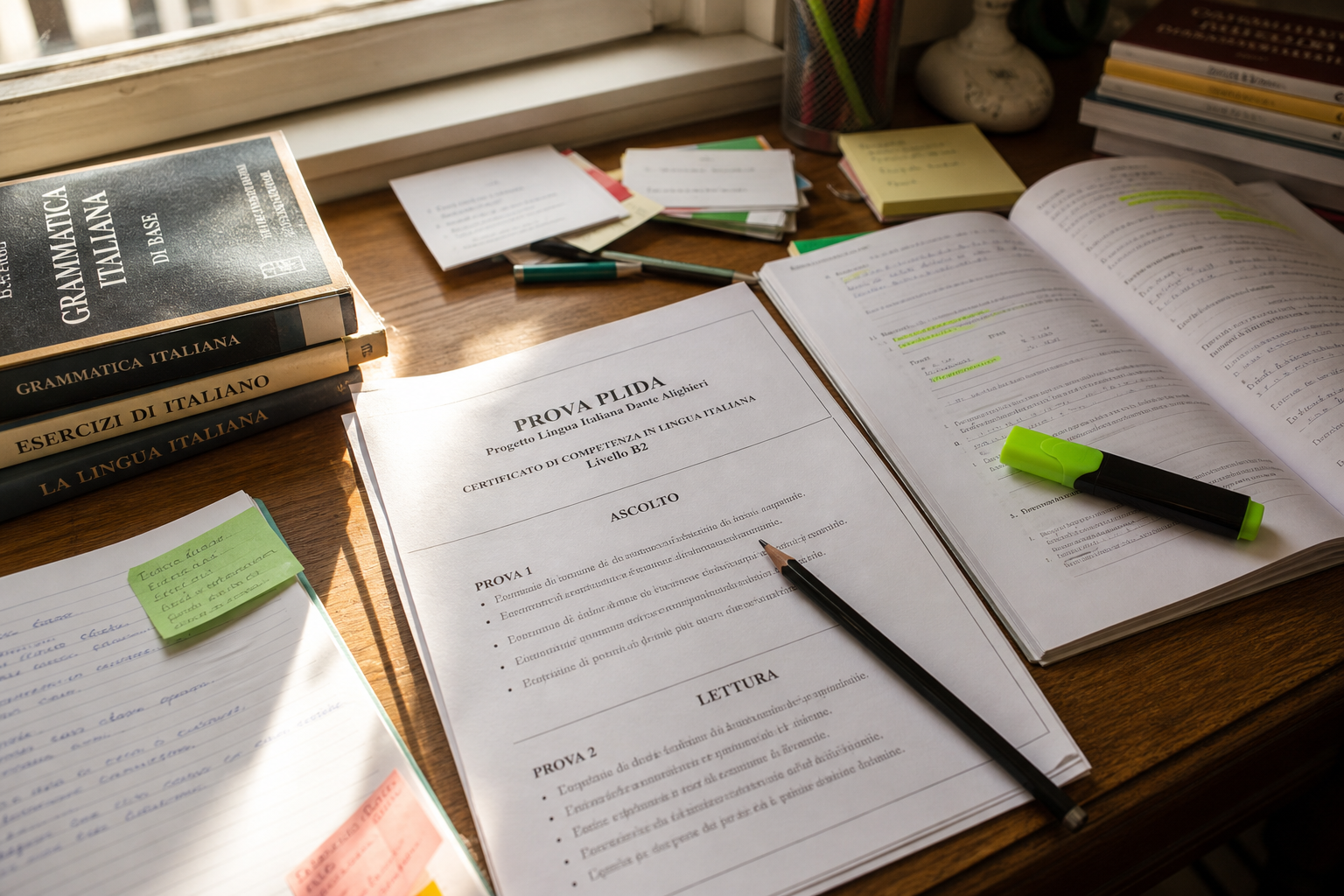Language certificate documents spread on a desk alongside an Italian flag and pen