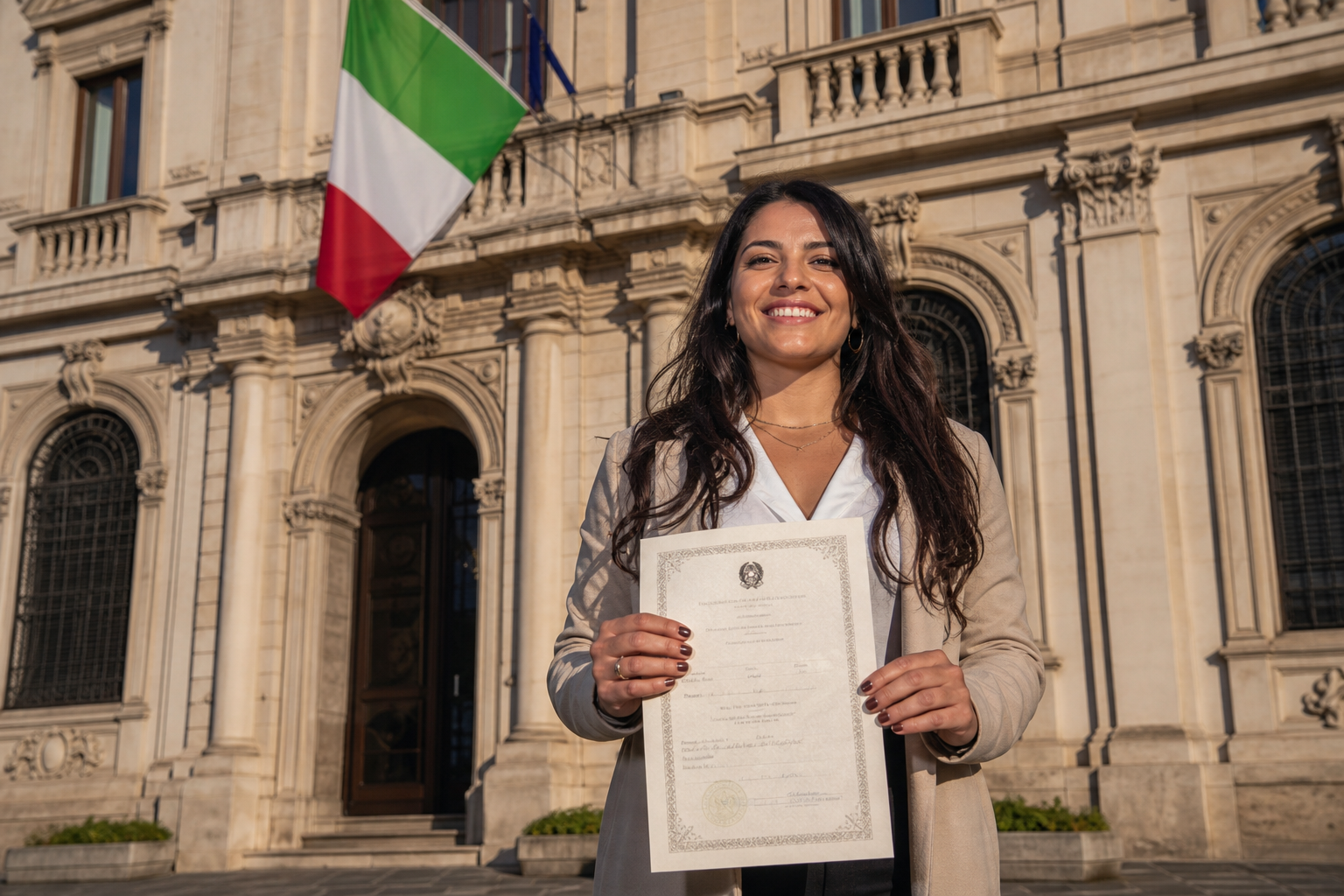 Italian language student taking a written exam in a bright examination room