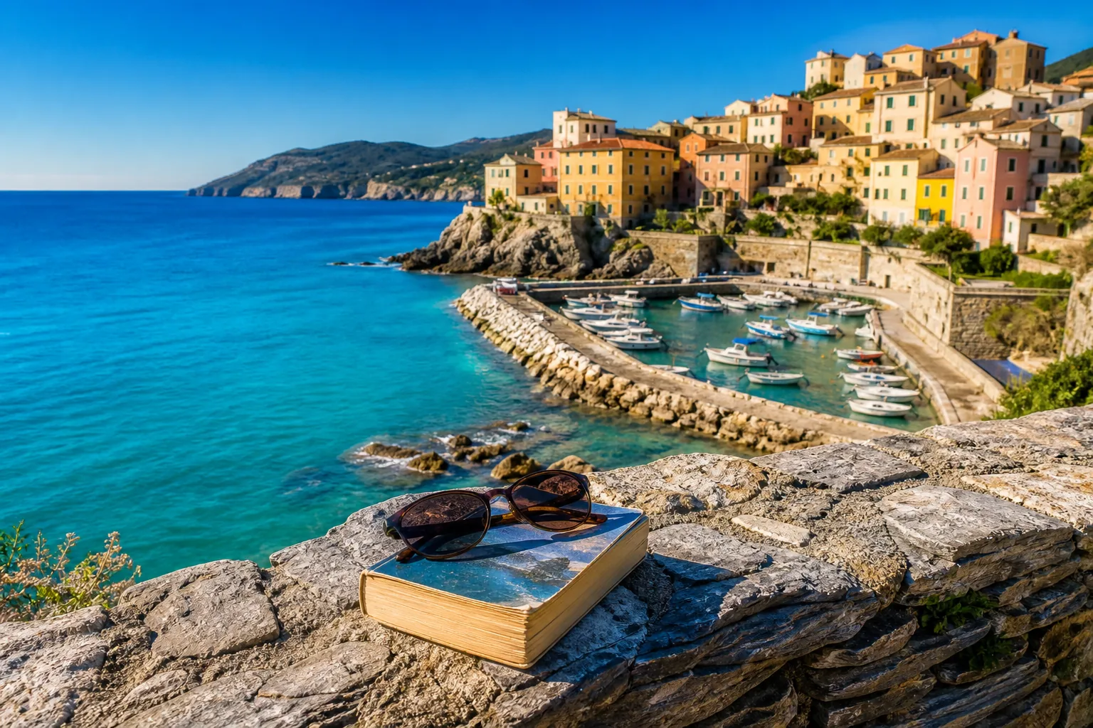 Italian paperback and sunglasses on a sunlit wall above a turquoise harbour
