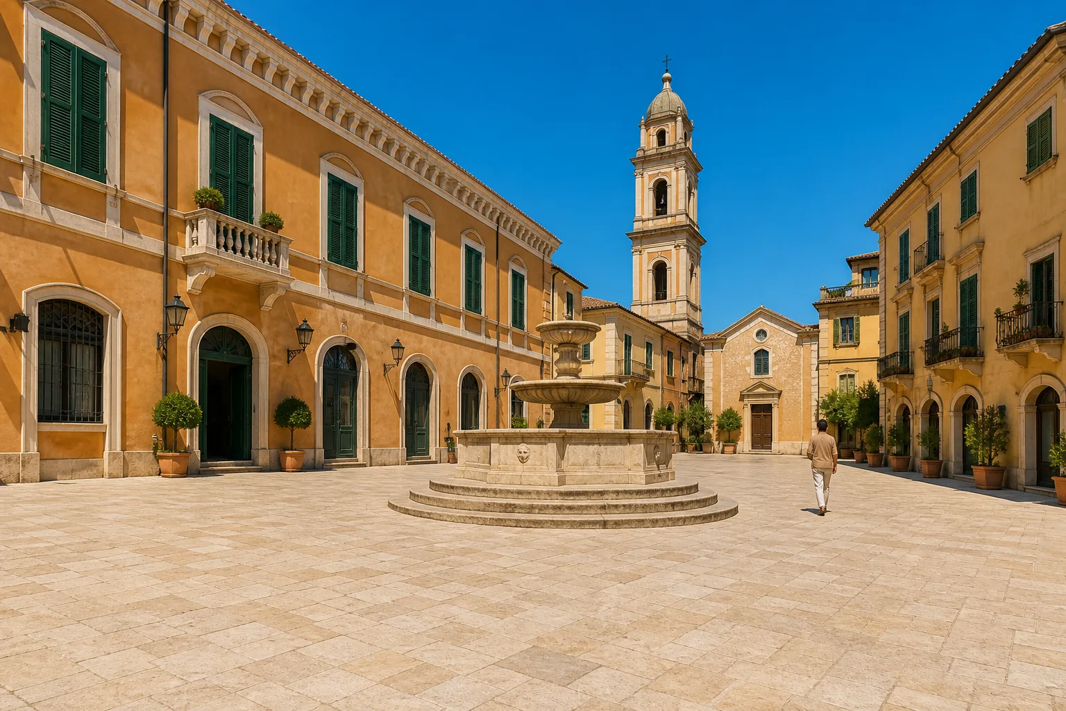 Sunlit Italian piazza with a fountain and one person walking away at a distance
