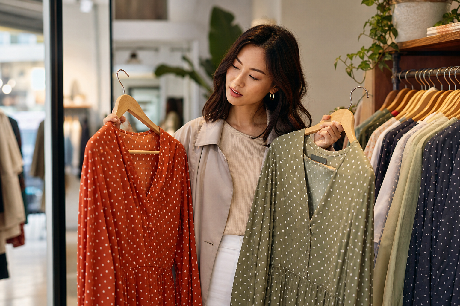 Shopper comparing clothing sizes at an Italian boutique