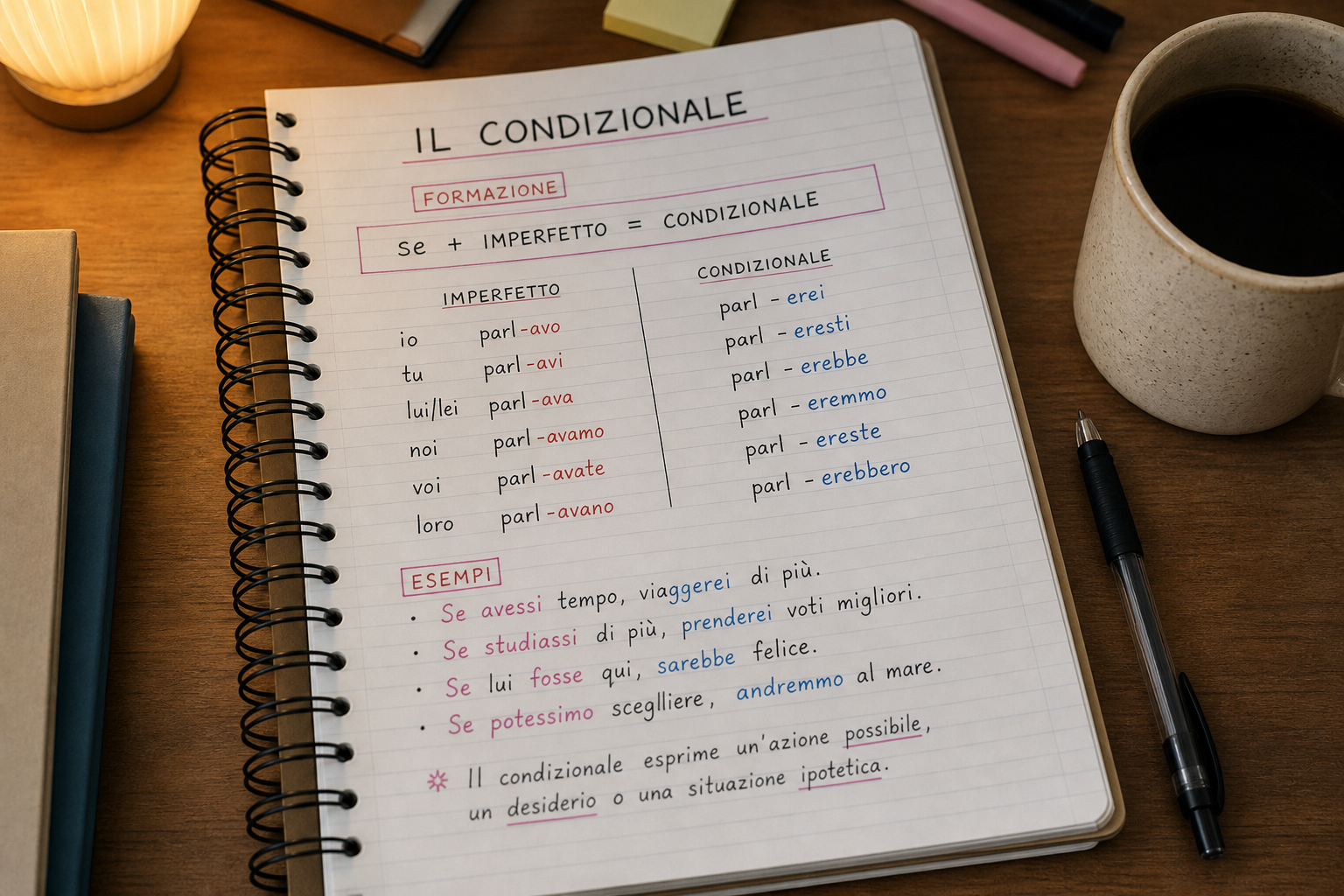 Italian café blackboard menu with conditional phrases: vorrei, potrei, mi dareste