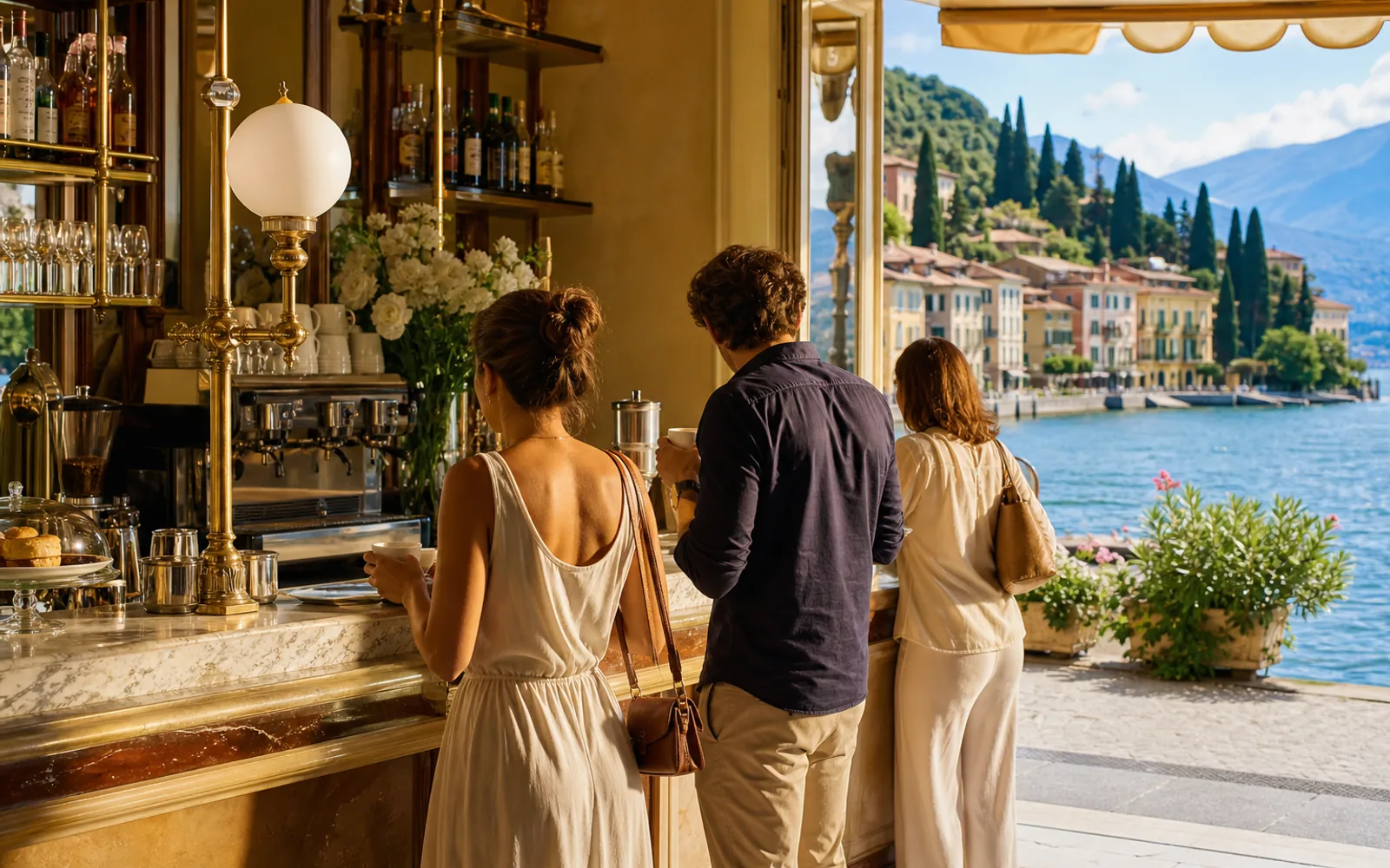 Elegant Italian espresso bar with patrons standing at the counter for a morning coffee ritual
