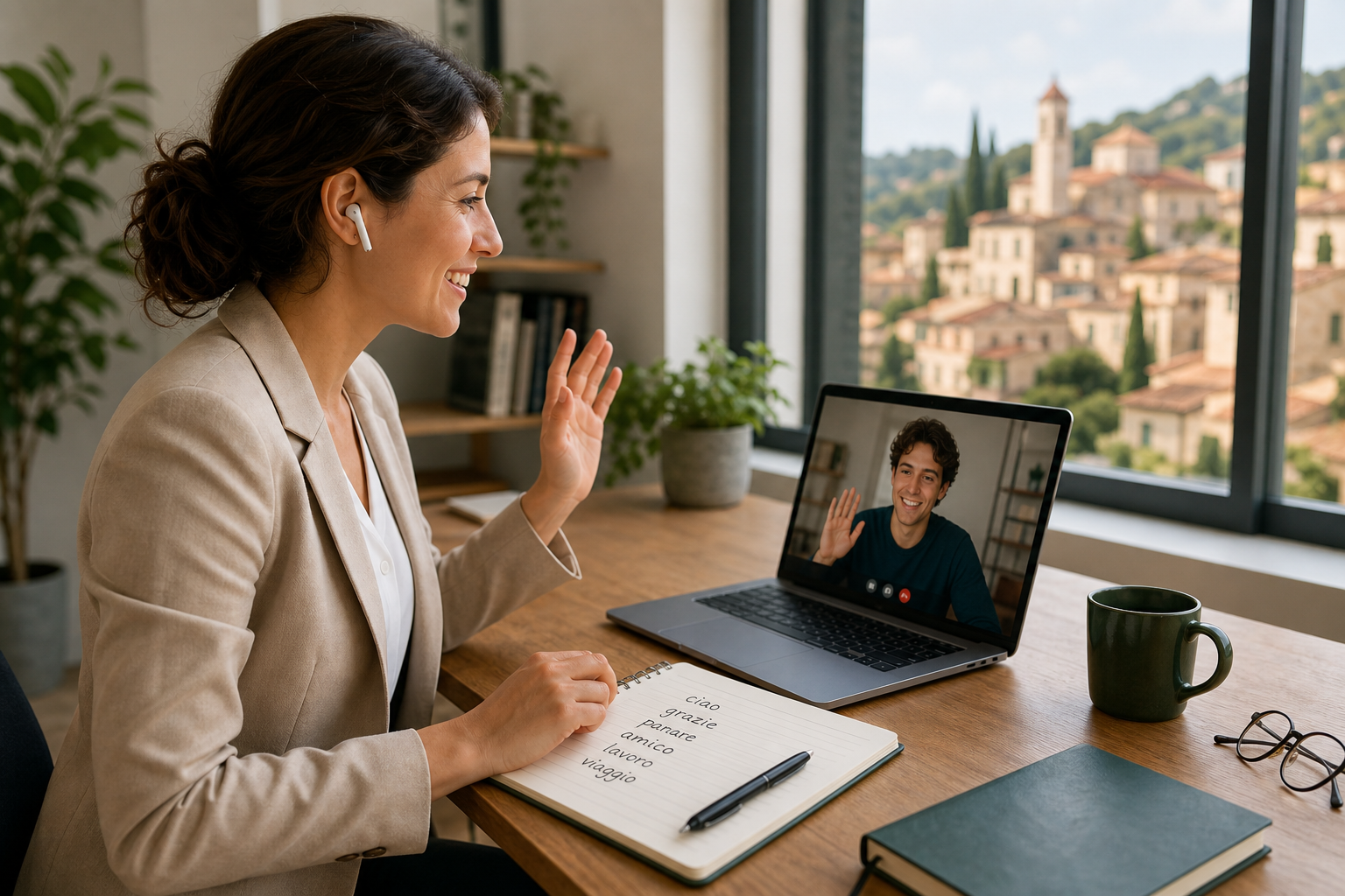 Professional in video call practicing business Italian with a tutor