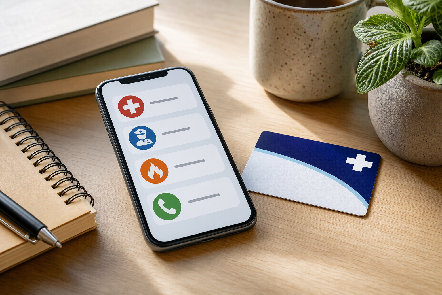 Smartphone showing emergency contact numbers next to Italian health card