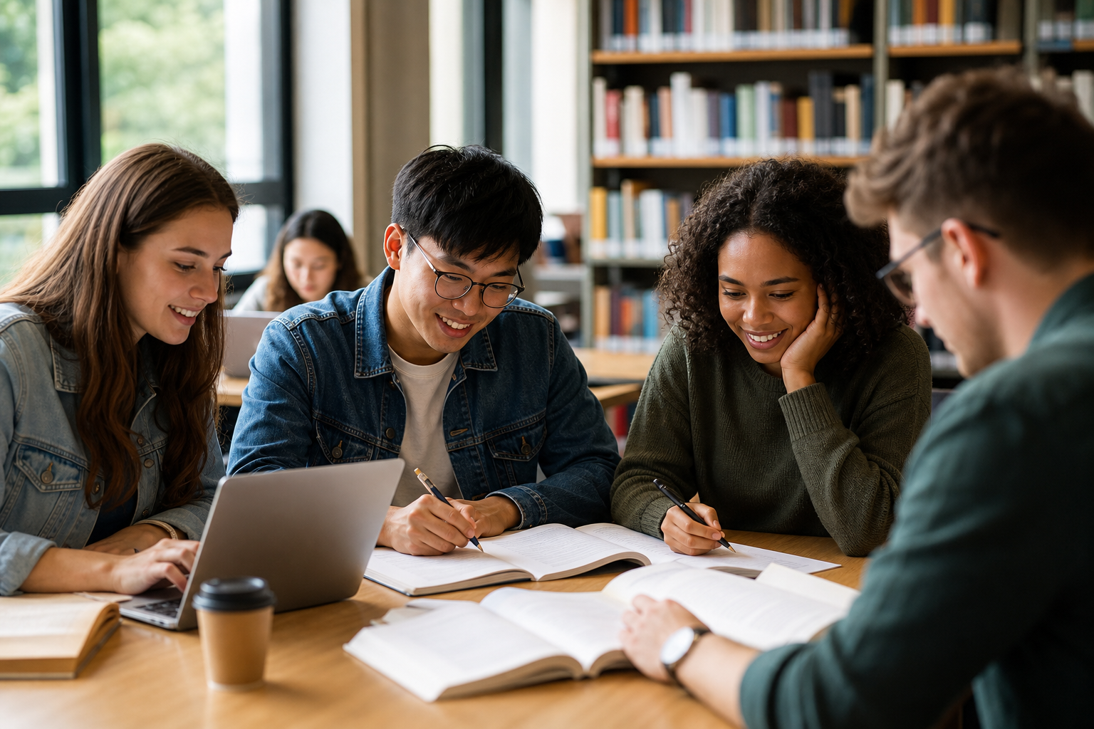 Students studying together in an Italian university library reading room