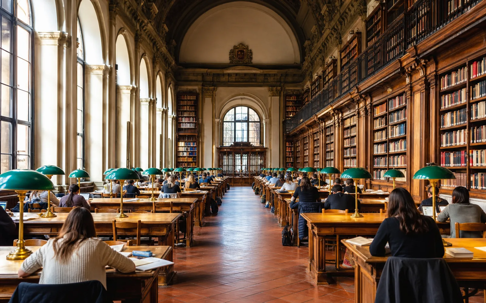 Students studying together in an Italian university library reading room