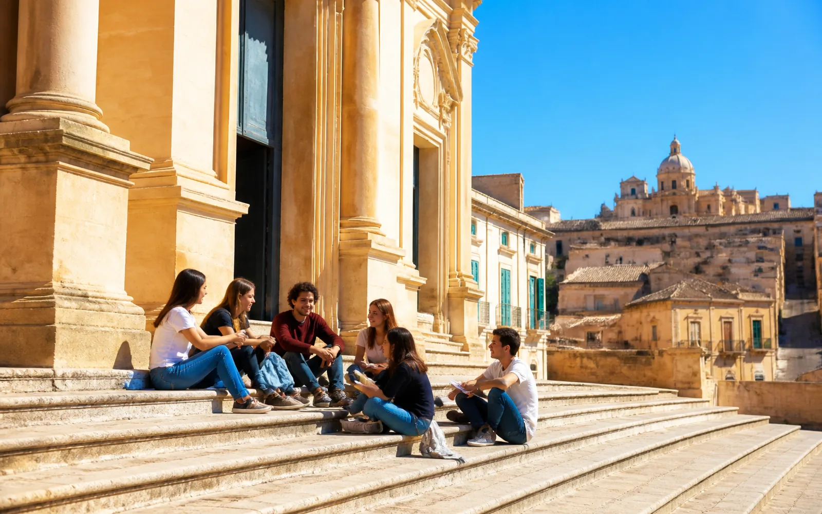 Orientation week group of international students meeting on Italian campus