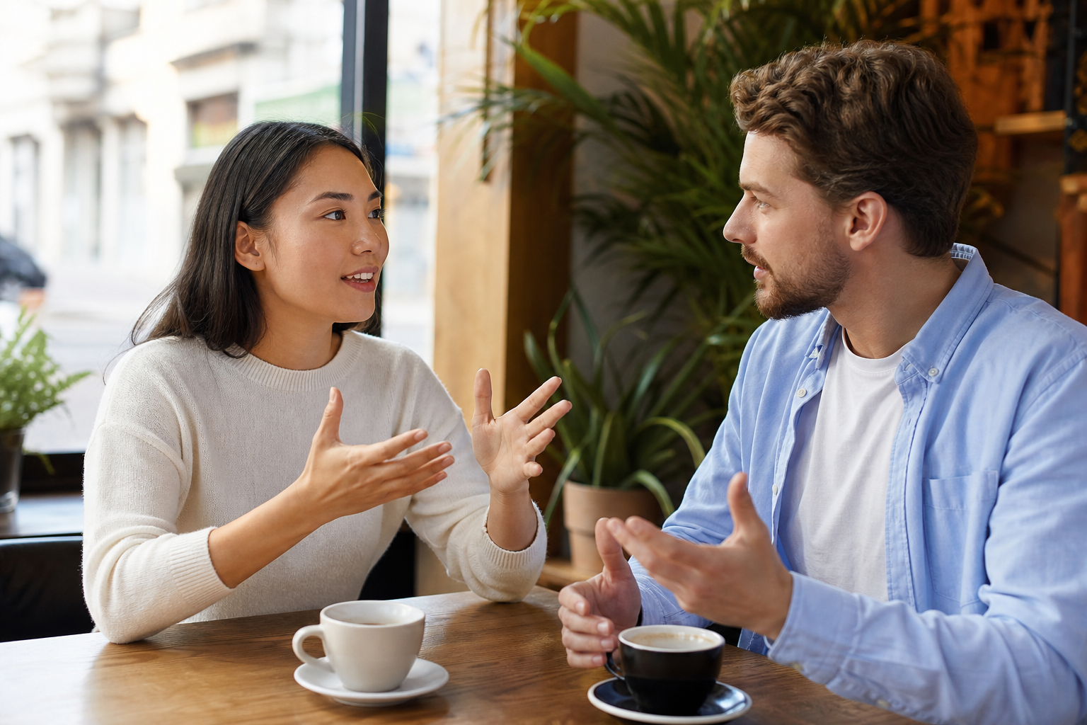 Friends at an Italian café explaining something with expressive hand movements