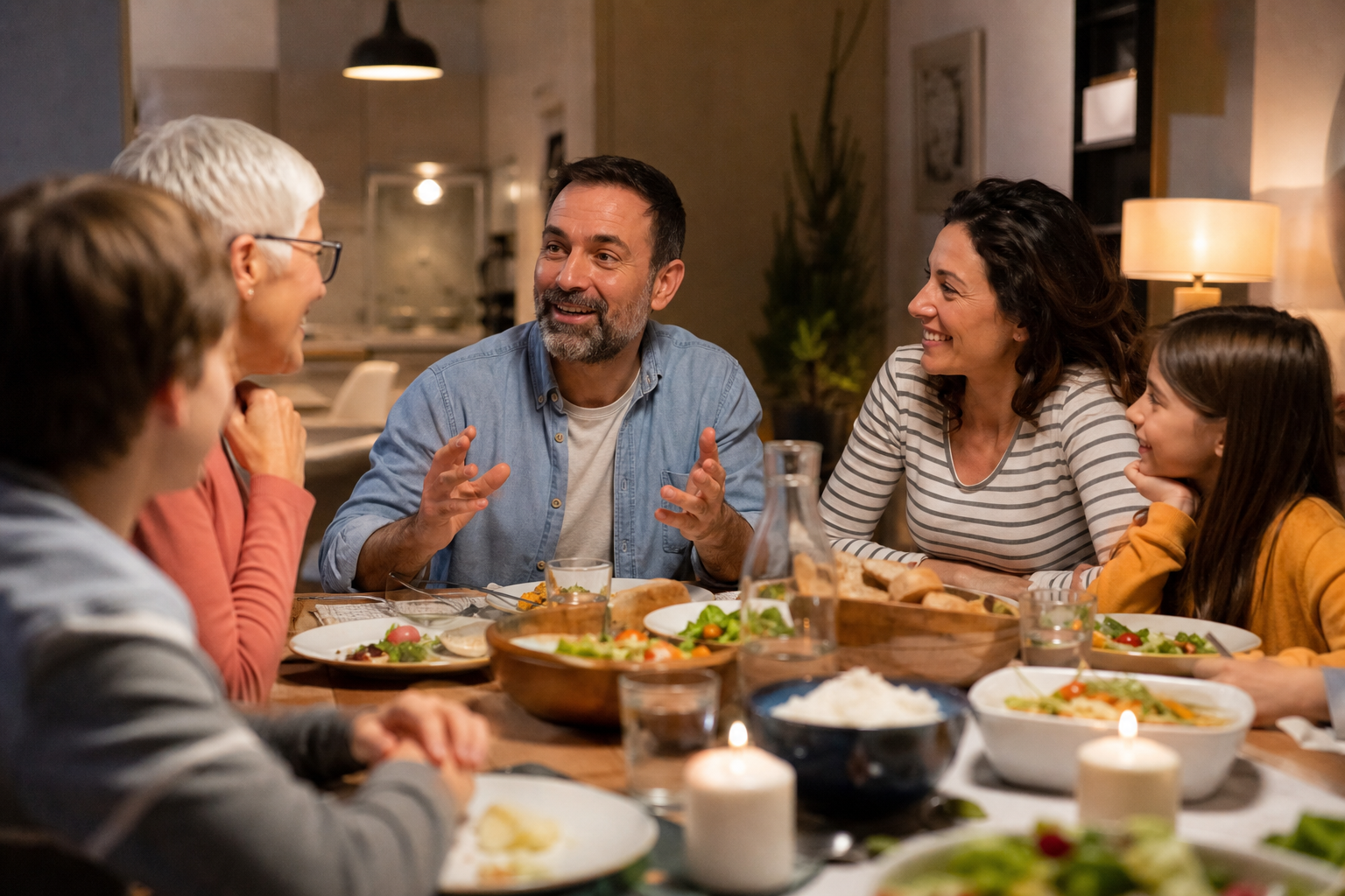 Italian family dinner with animated conversation and natural hand expressions