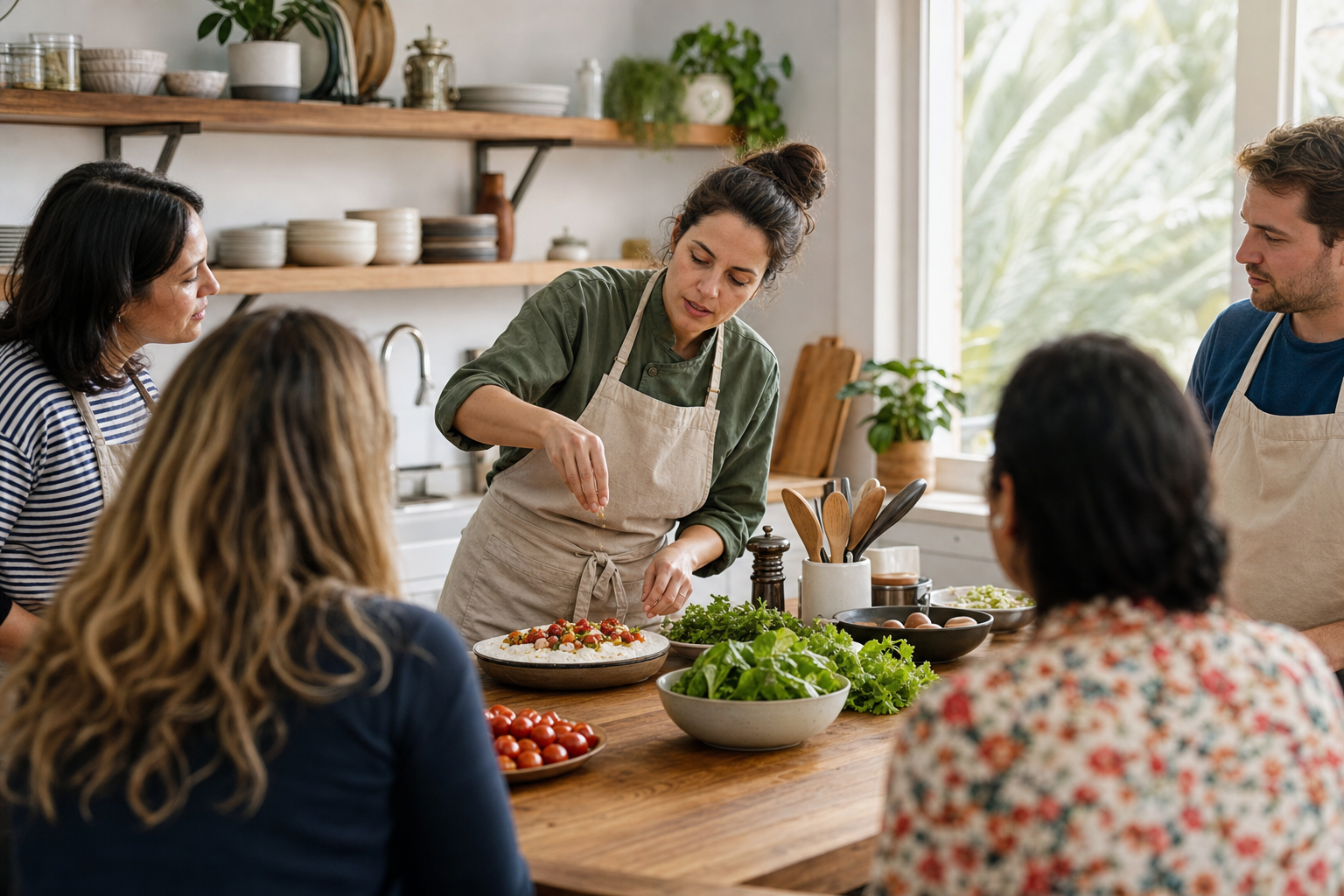 Cooking instructor giving recipe instructions in a Italian kitchen workshop