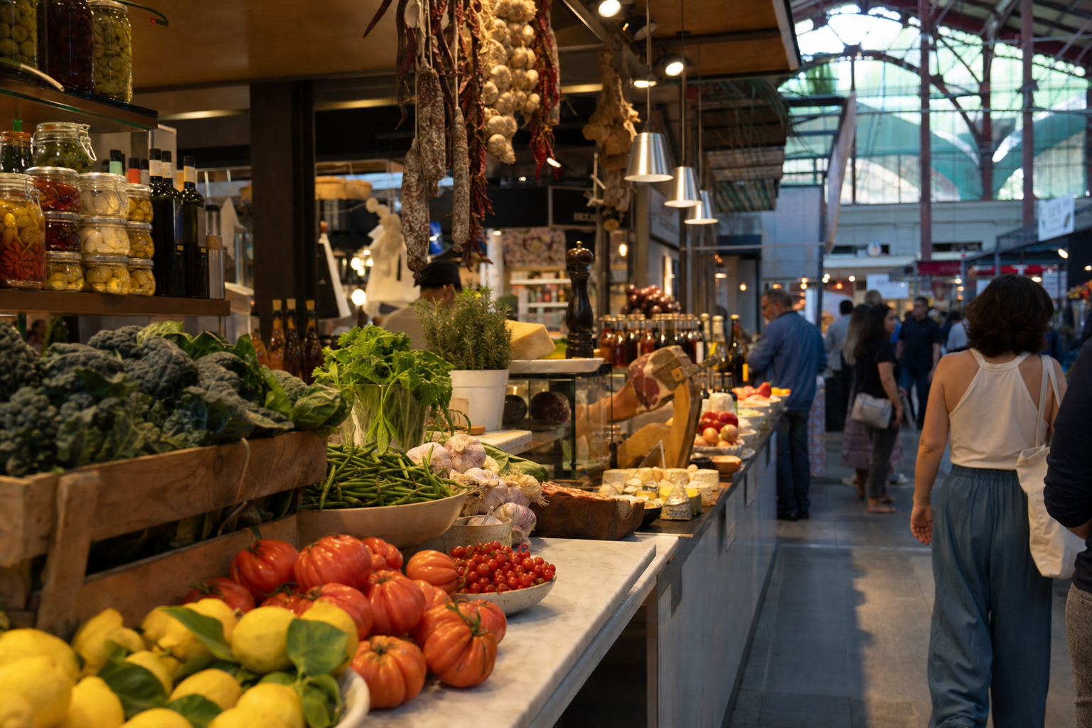 Food counter at Mercato Centrale Florence with fresh Tuscan produce