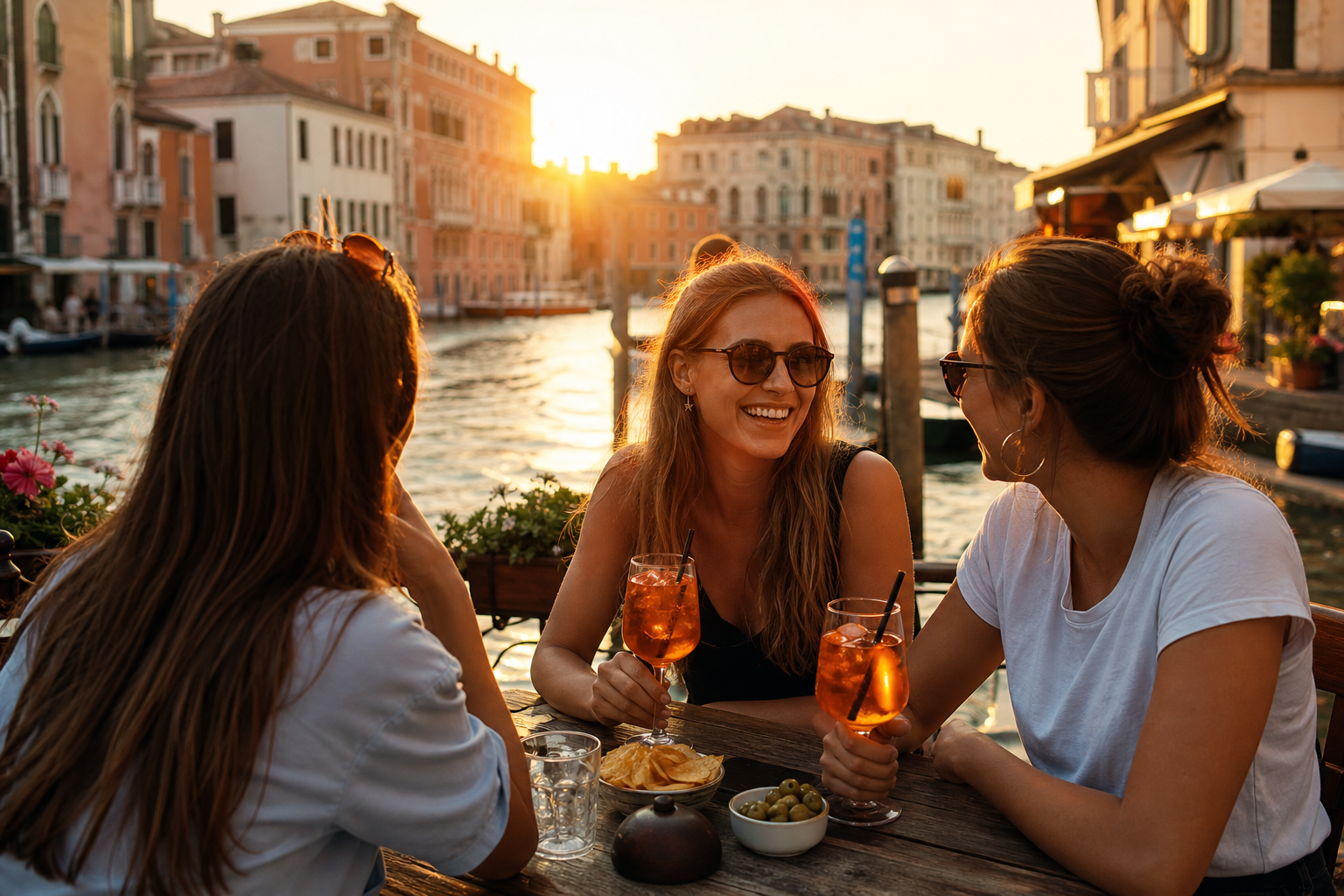 Aperitivo drinks on a Navigli canal terrace in Milan at sunset