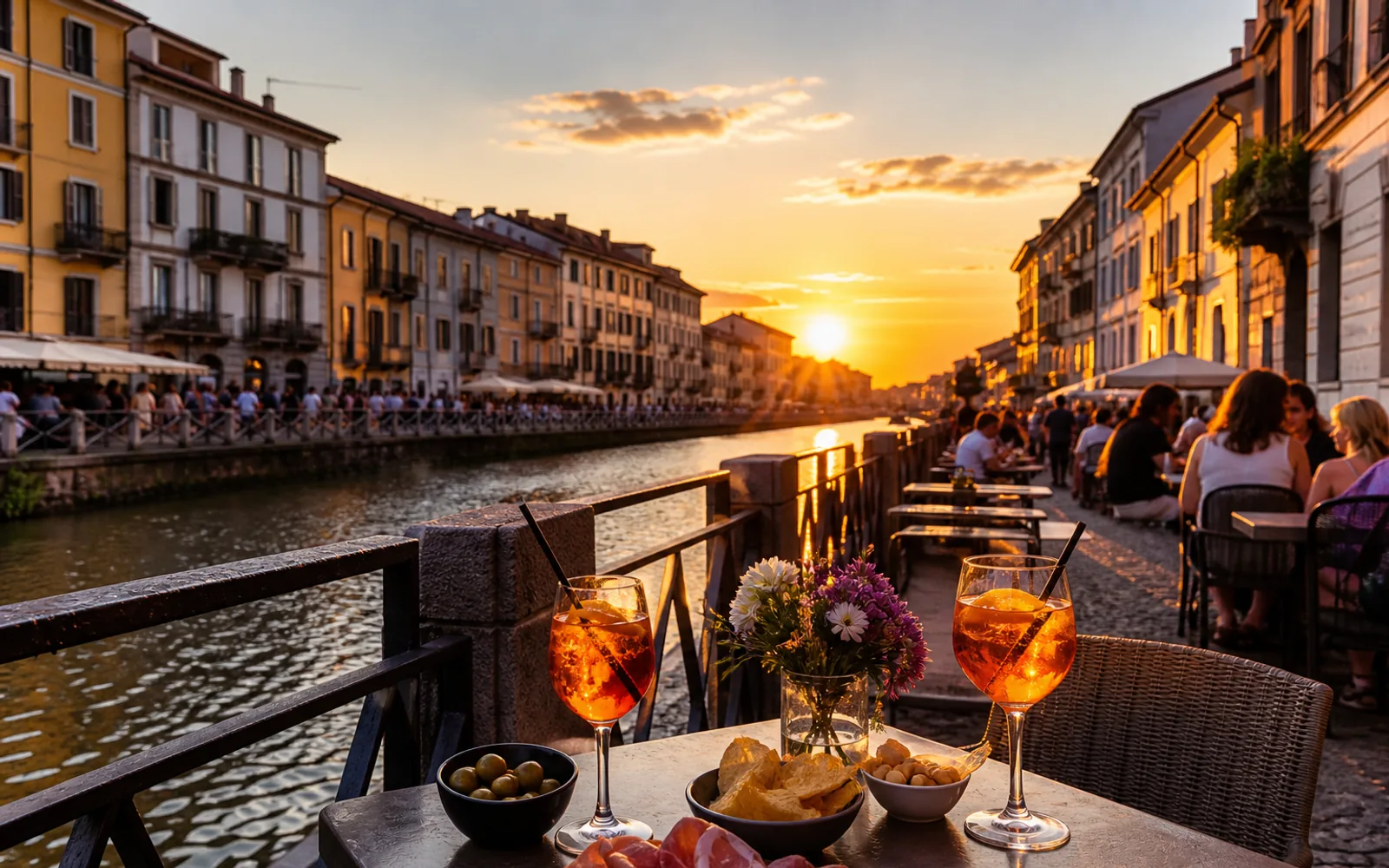 Aperitivo drinks on a Navigli canal terrace in Milan at sunset
