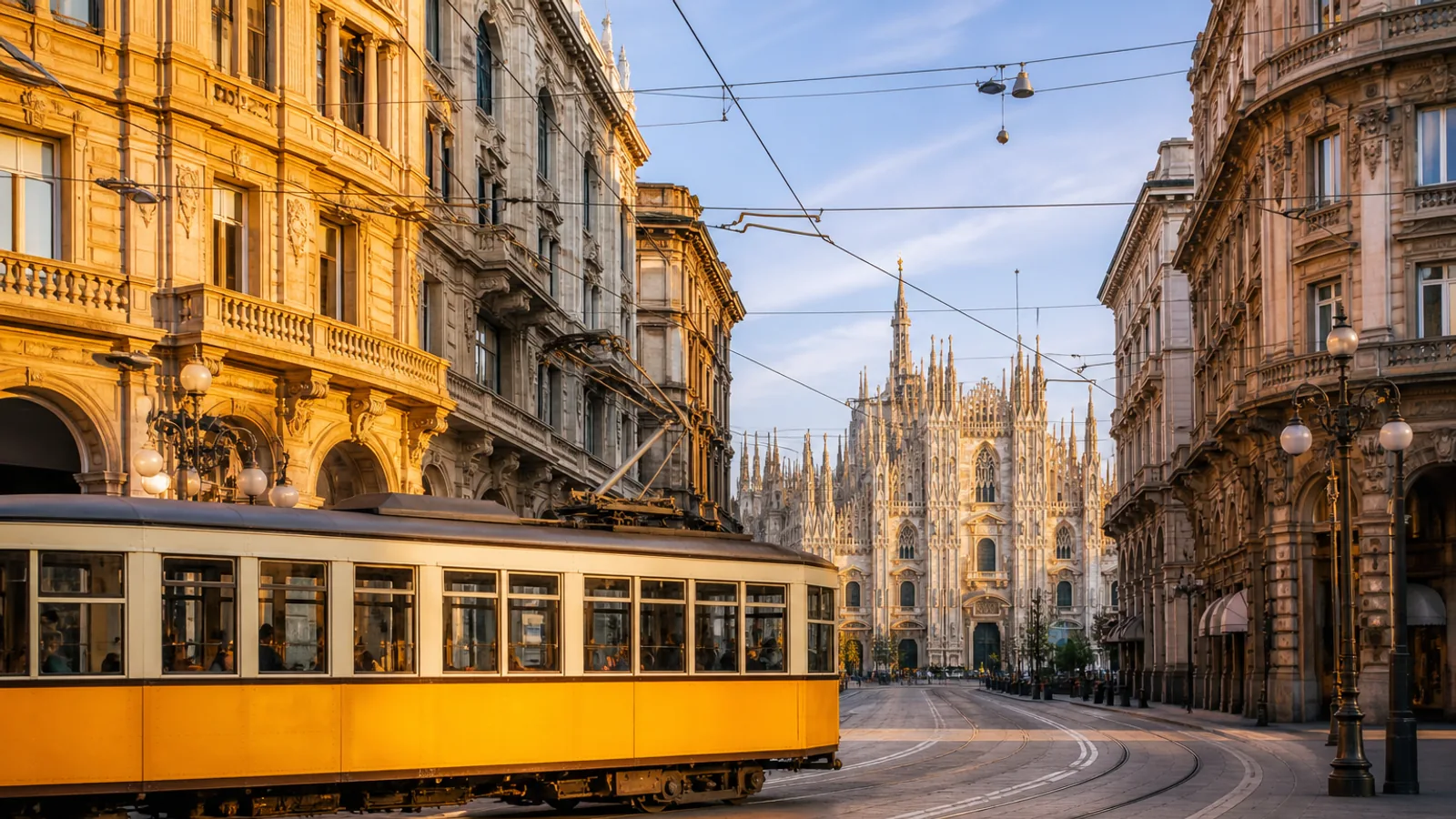 Business-casual traveler in Piazza del Duomo Milan with cathedral spires behind