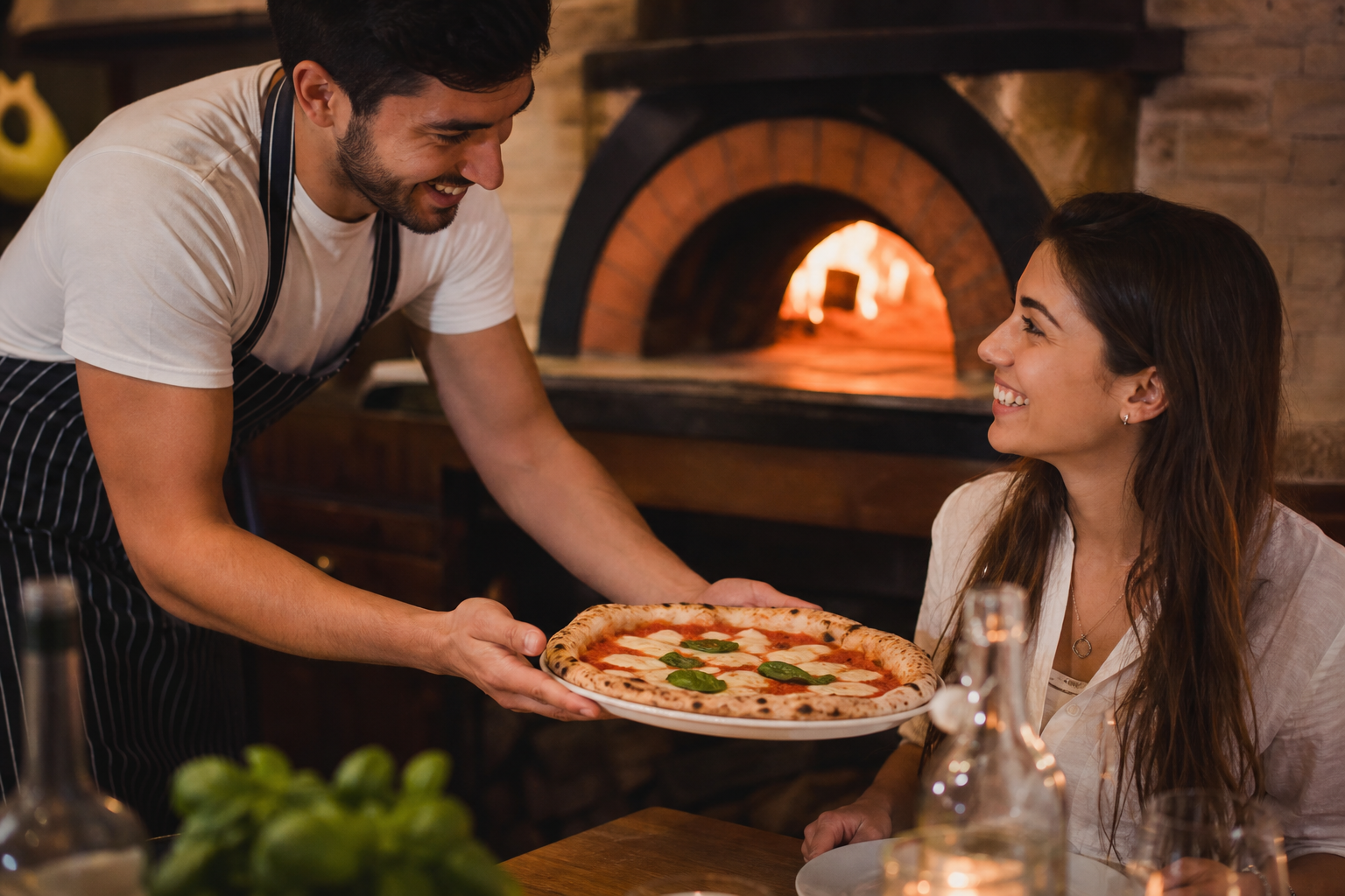 Traditional Neapolitan pizza being served at a wood-fired pizzeria