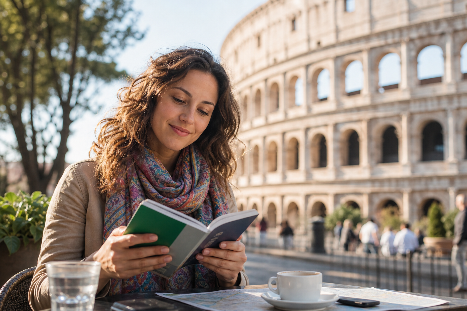 Traveler with phrasebook at a sunny café near the Colosseum in Rome