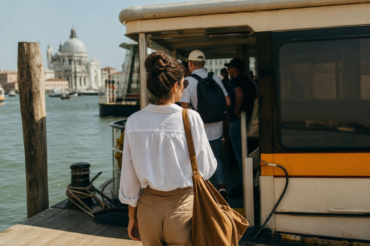 Traveler boarding a vaporetto water bus at a Venice pier