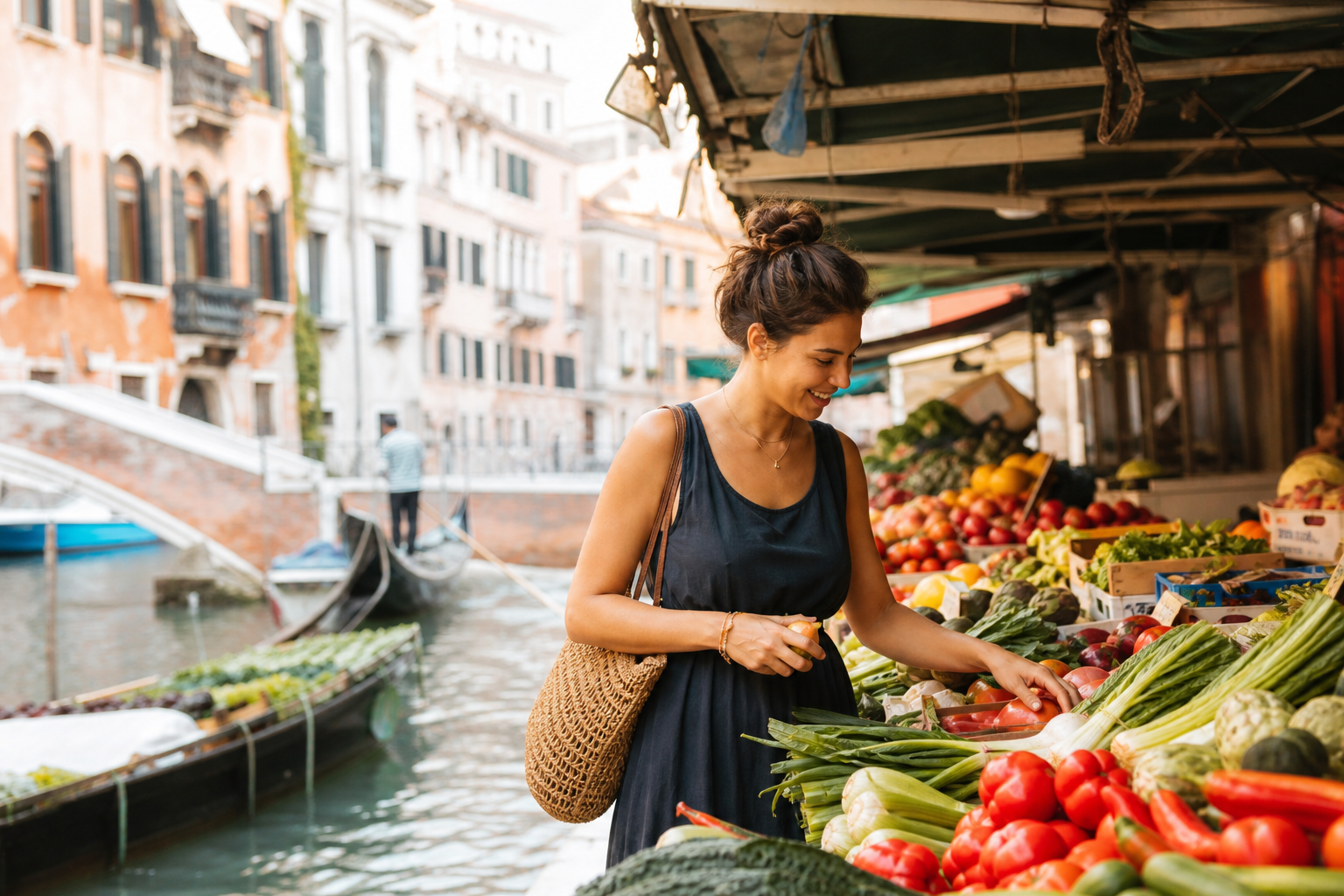 Colorful produce and seafood stalls at Rialto Market Venice