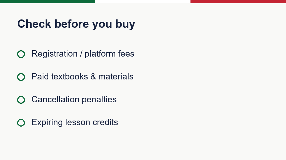 Checklist of hidden costs to check before buying Italian lessons