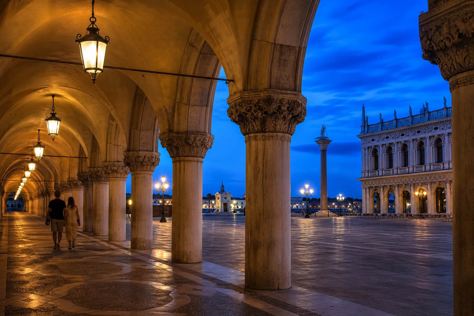 Two people walking away through a floodlit Italian arcade at blue hour