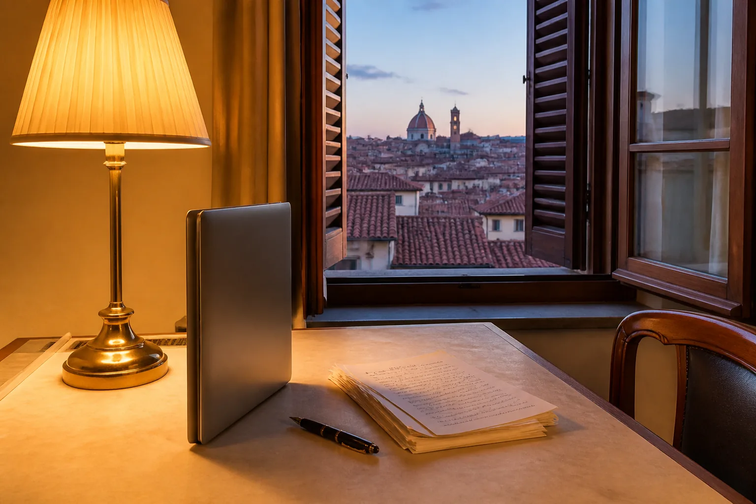 Closed laptop and lesson notes on a desk with terracotta rooftops beyond the shutter