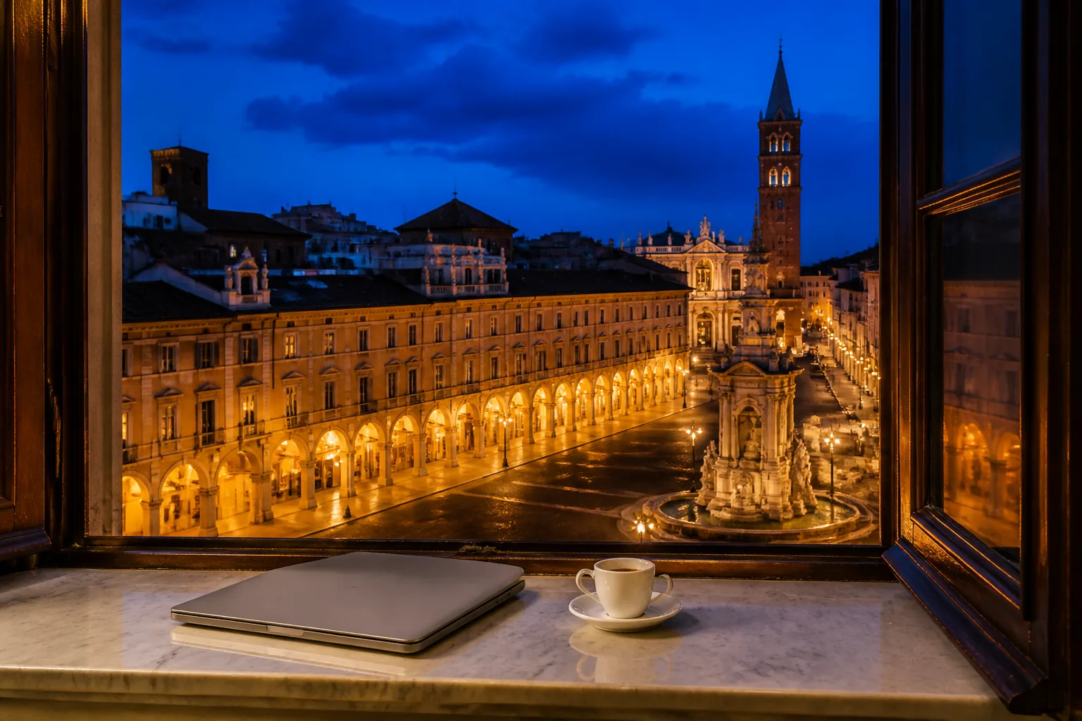 Evening Italian lesson setup on a marble windowsill overlooking a floodlit Italian piazza